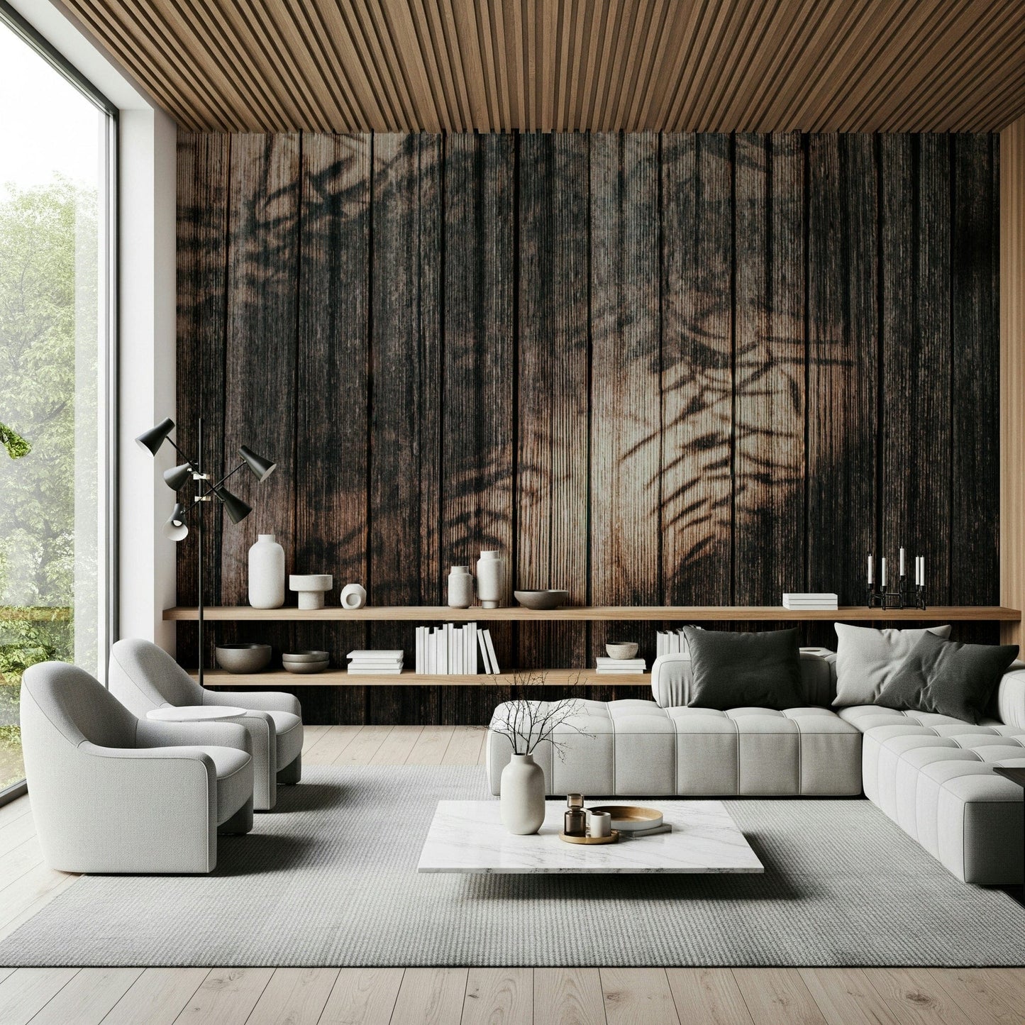 Close-up texture of the soft, washed wood grain in the Ethereal wallpaper mural.