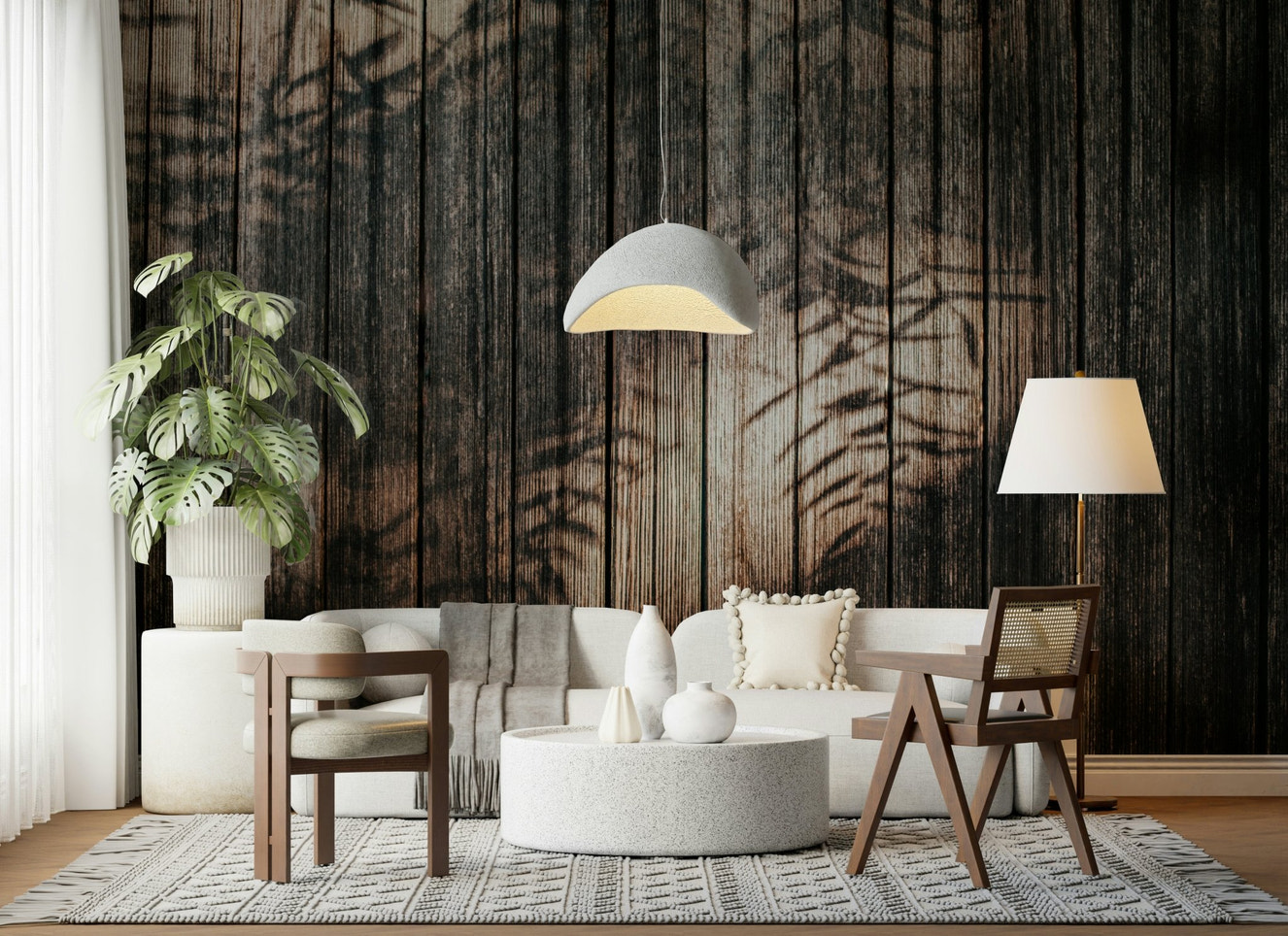 Ethereal Wood Grain Wall Mural creating a serene, bright living room feature.