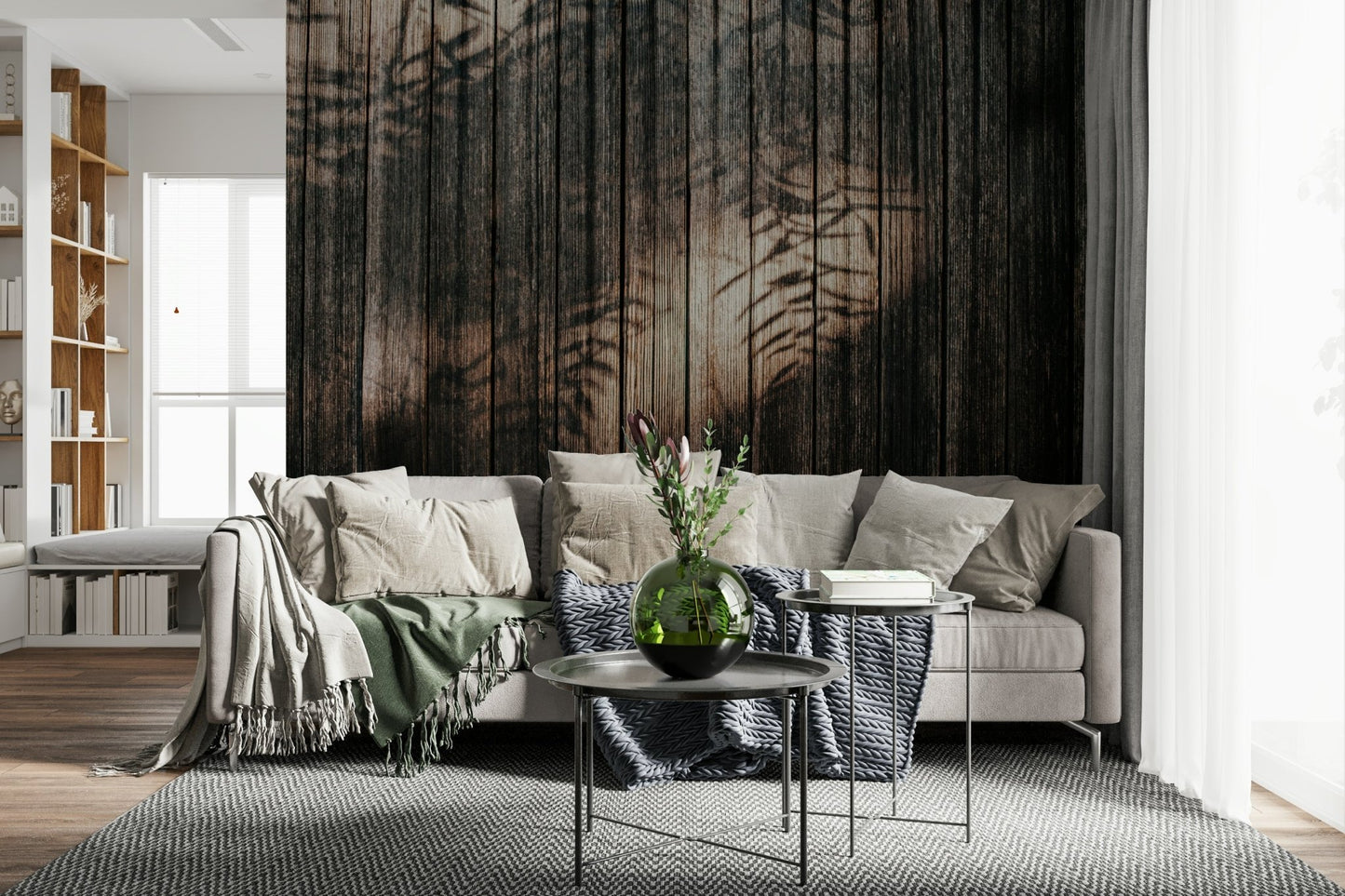 Calming bedroom headboard wall featuring the gentle Ethereal Wood Grain peel and stick wallpaper.