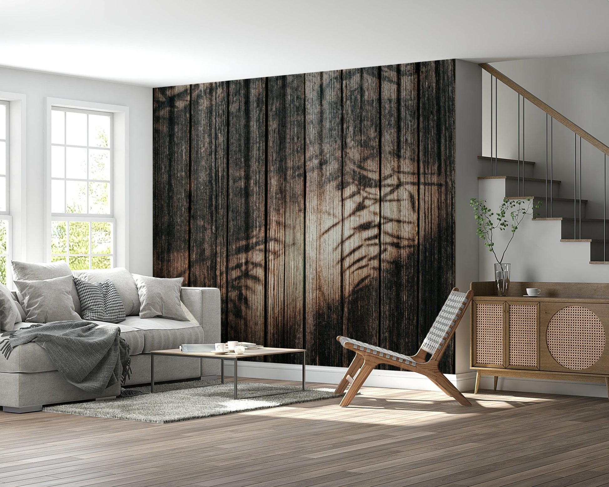 Detailed look at the delicate grain lines in the Ethereal Wood Grain peel and stick wallpaper.
