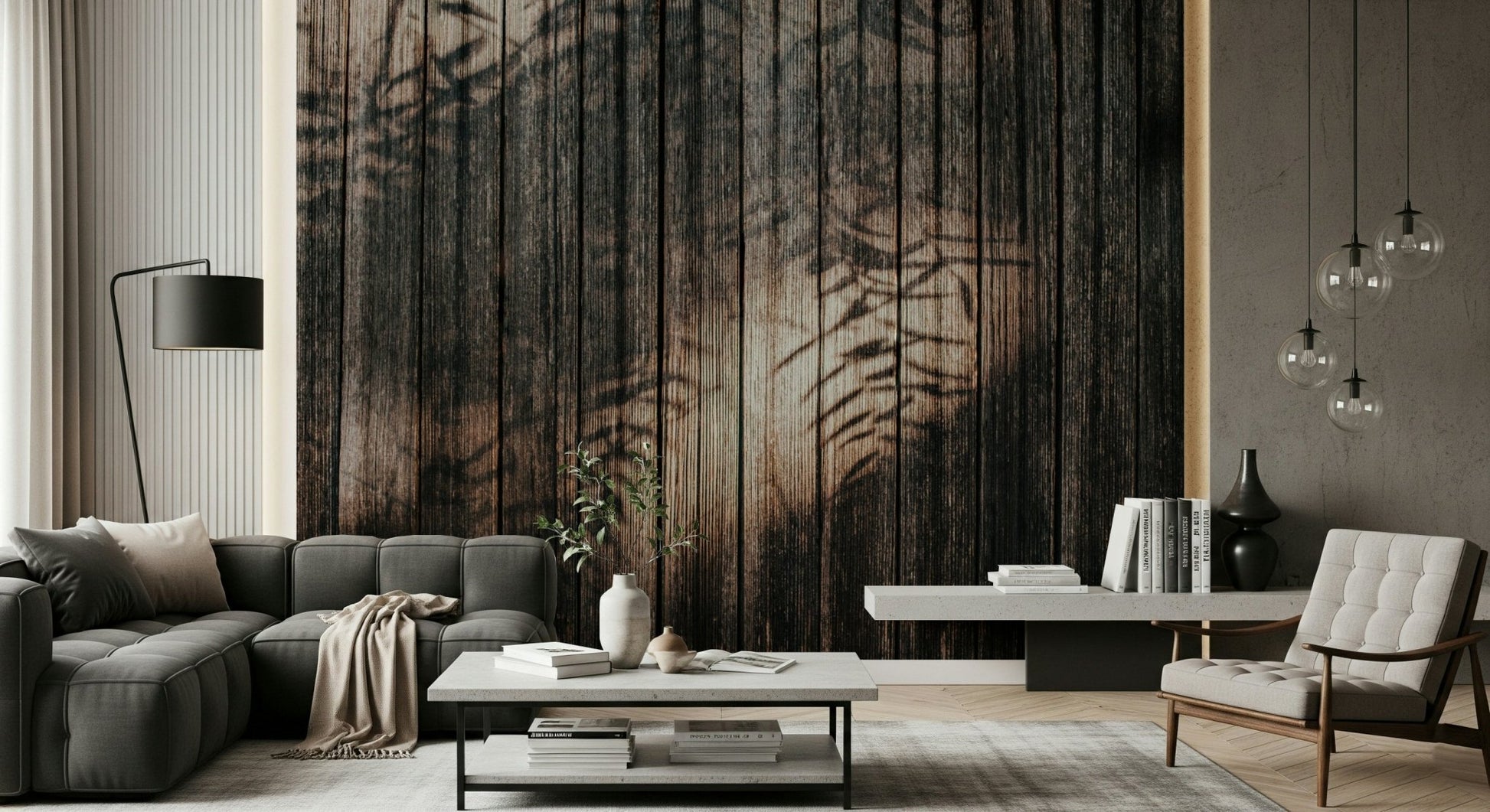 Vertical shot emphasizing the subtle, light tones of the Ethereal Wood Grain Wall Mural.
