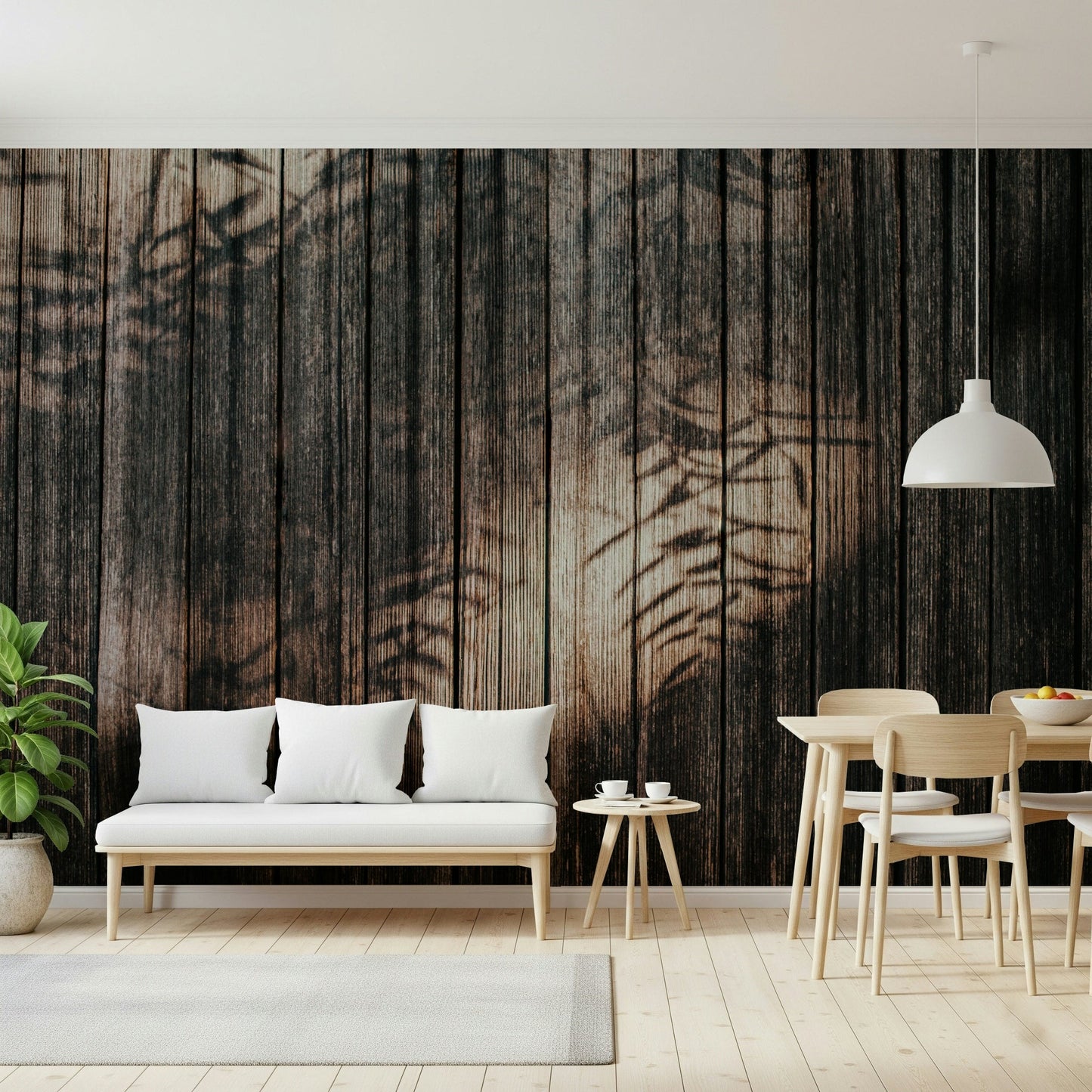 The washed wood pattern of the Ethereal Wood Grain wallpaper for walls.