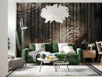 Designer interior featuring the restful aesthetic of the Ethereal Wood Grain Wall Mural.
