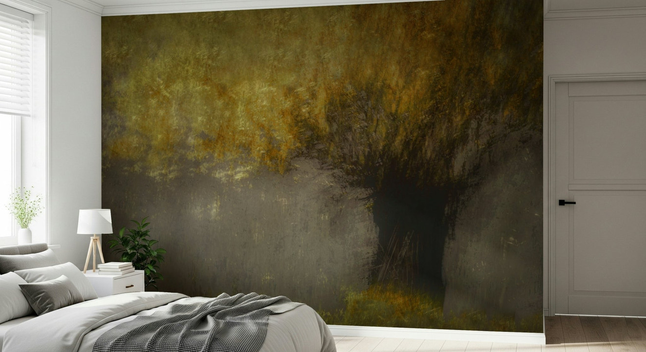 A beautiful ethereal forest wallpaper mural with soft, misty light and tall trees.