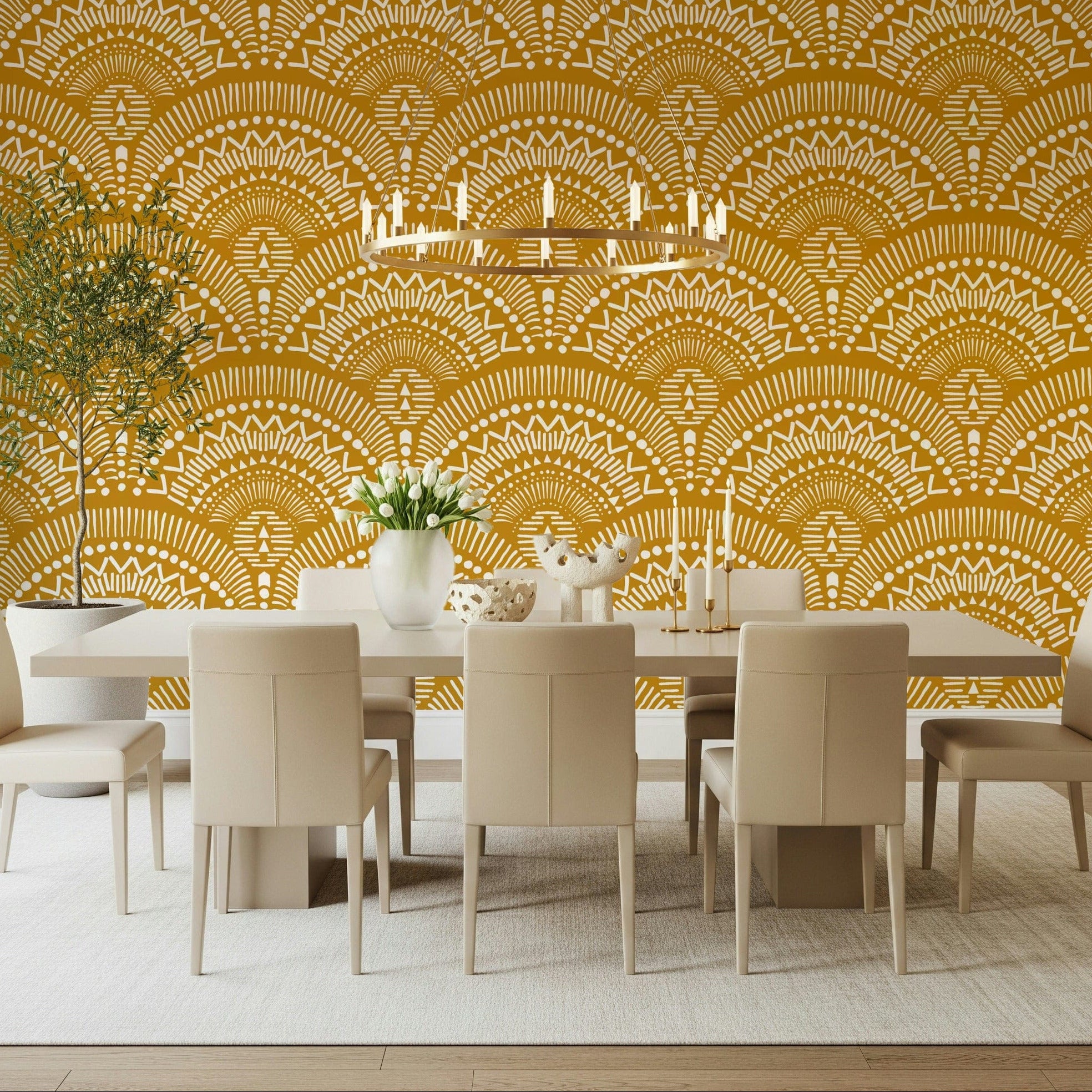 Classic ethnic art wallpaper mural for a dining room accent wall area., GD7861