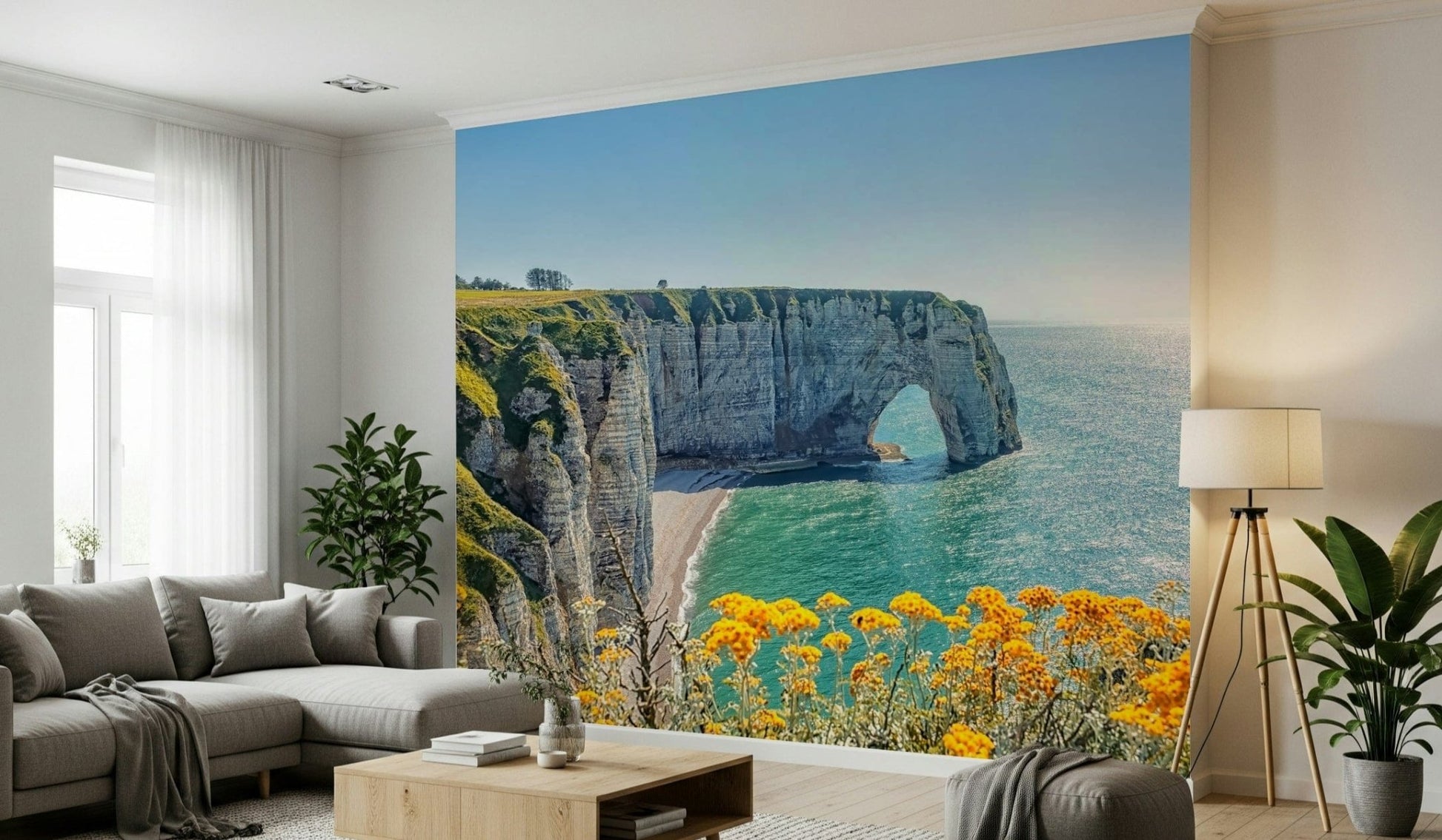 A soft living room feels fresher with Etretat's Yellow Bloom Wall Mural and sea views