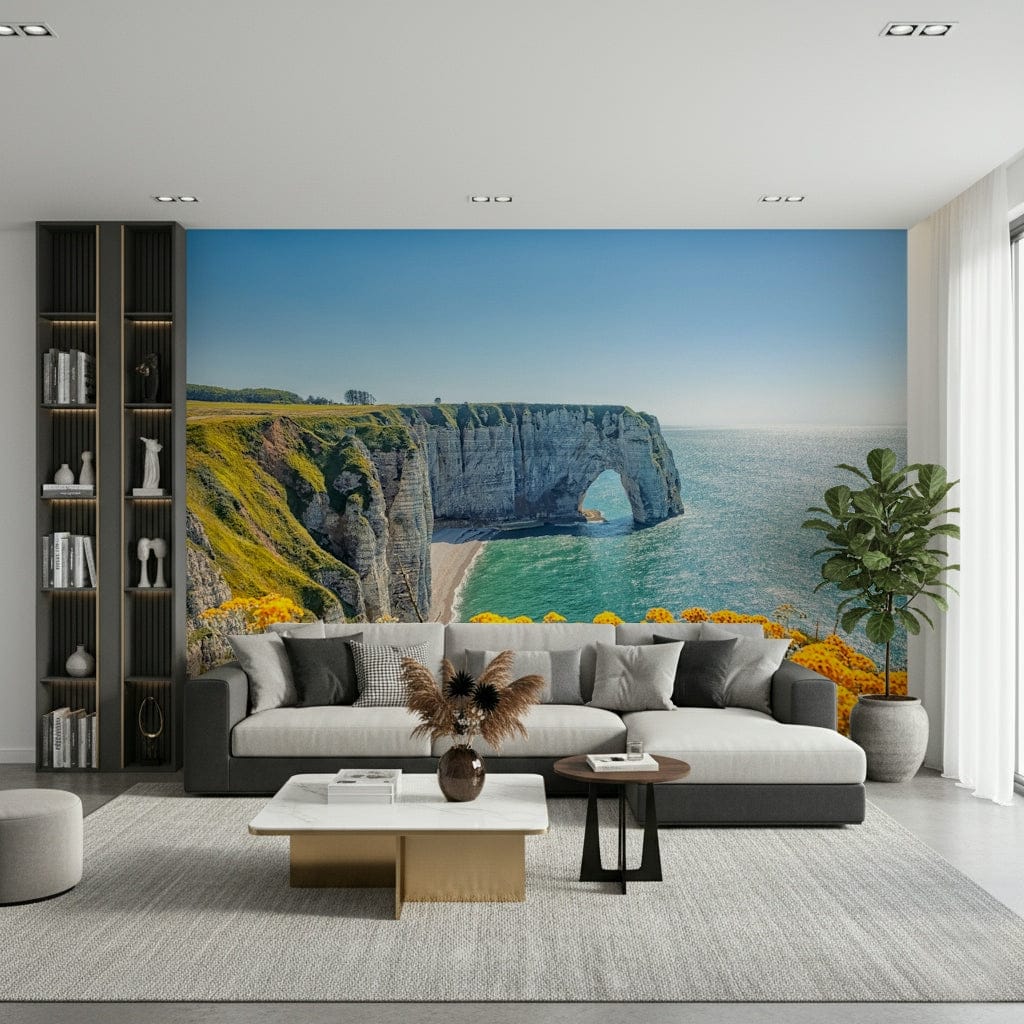 In this wide lounge, Etretat's Yellow Bloom Wall Mural creates a vivid seaside focal point