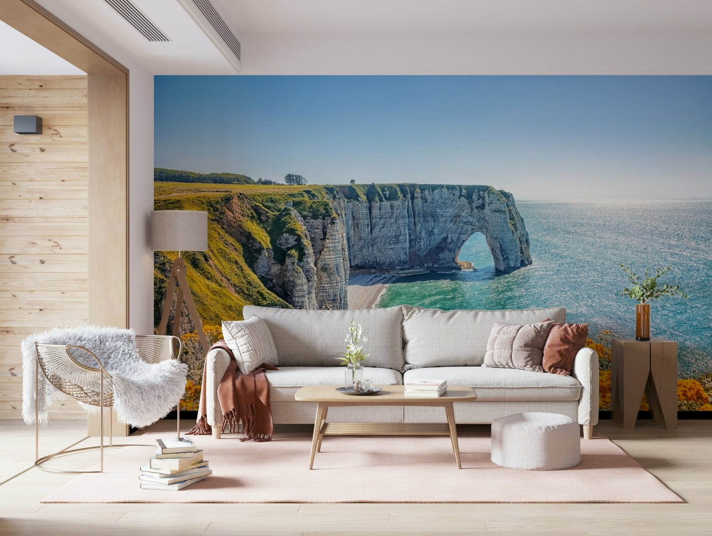 A light-filled family room gains scenic cliffside depth from Etretat's Yellow Bloom Wall Mural