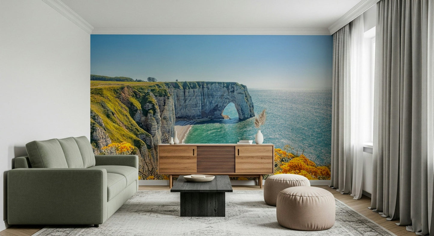 Etretat's Yellow Bloom Wall Mural brings floral coastal charm into this relaxed sitting area