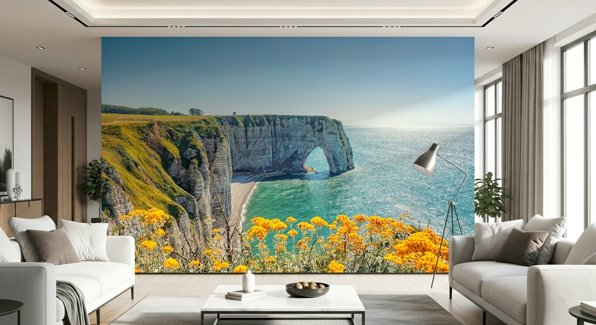 Etretat's Yellow Bloom Wall Mural pairs naturally with this bright open lounge