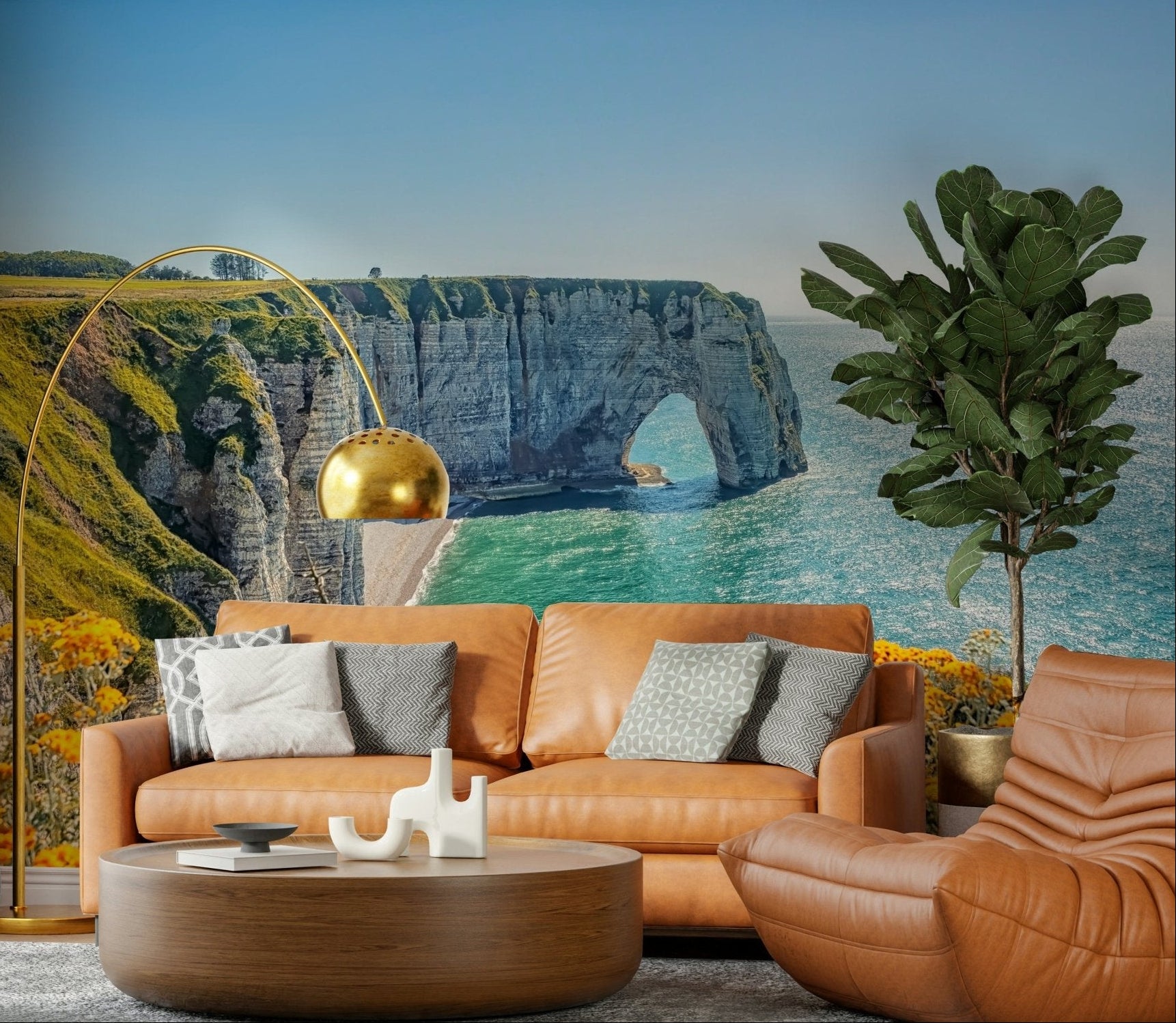 Etretat's Yellow Bloom Wall Mural gives this lounge a bright cliffside coastal backdrop