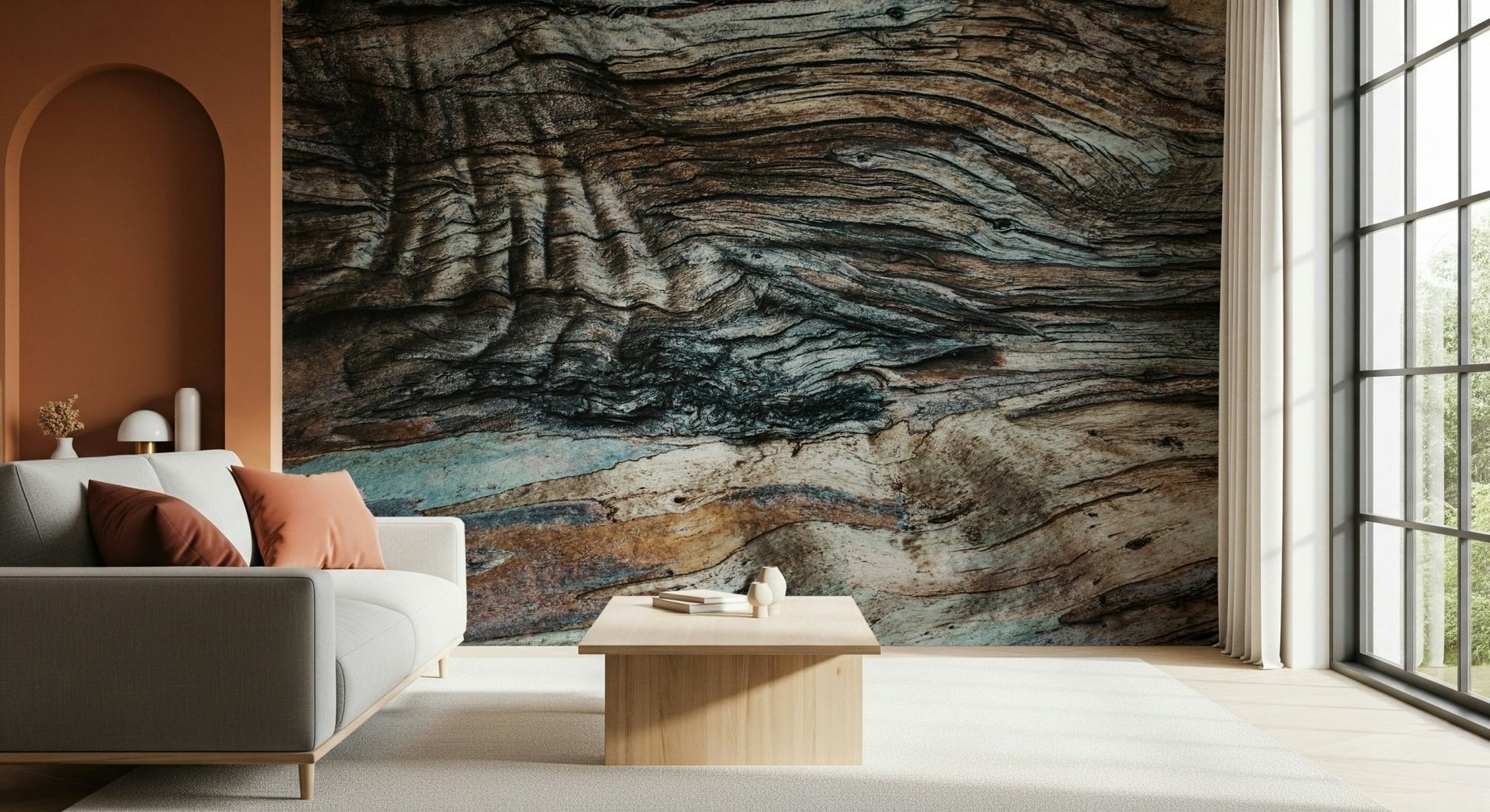 Eucalyptus Bark Texture wallpaper mural creating a serene, natural focal point.