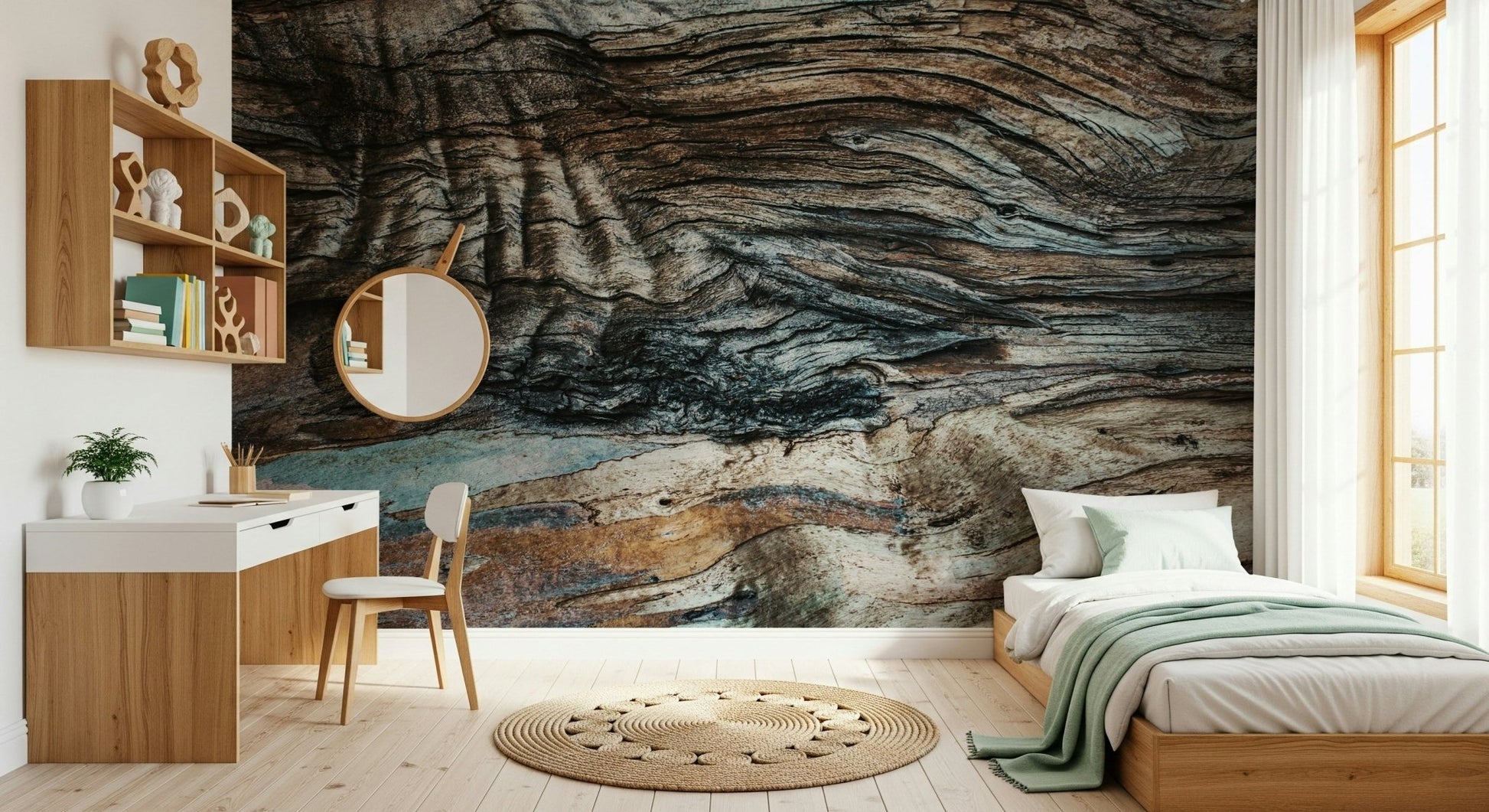 Bedroom accent wall with the soothing Eucalyptus Bark Texture peel and stick mural.