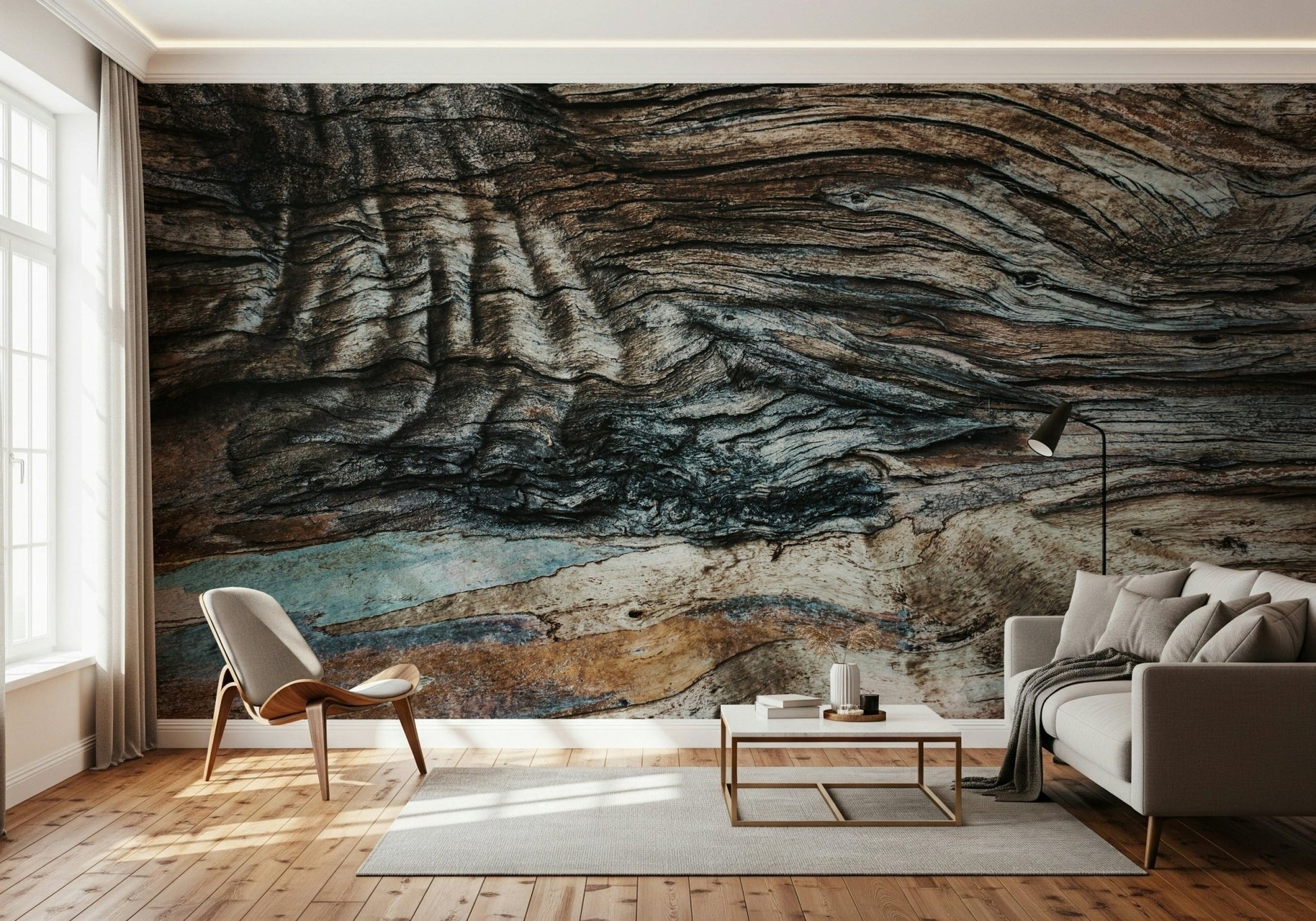 Eucalyptus Bark Texture Wall Mural in a cozy, minimalist reading nook setting.