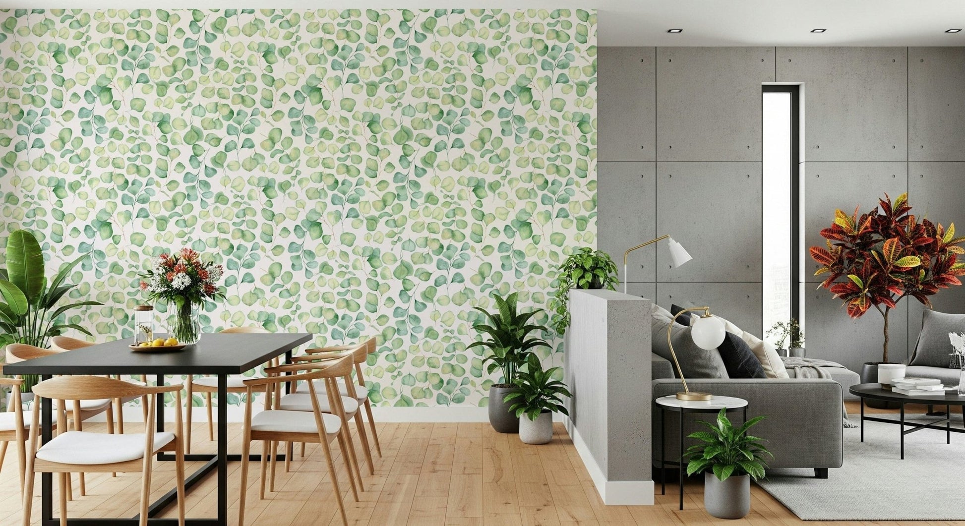 Eucalyptus Dream Garden Wallpaper used as a focal point in a cozy nook wallpaper.