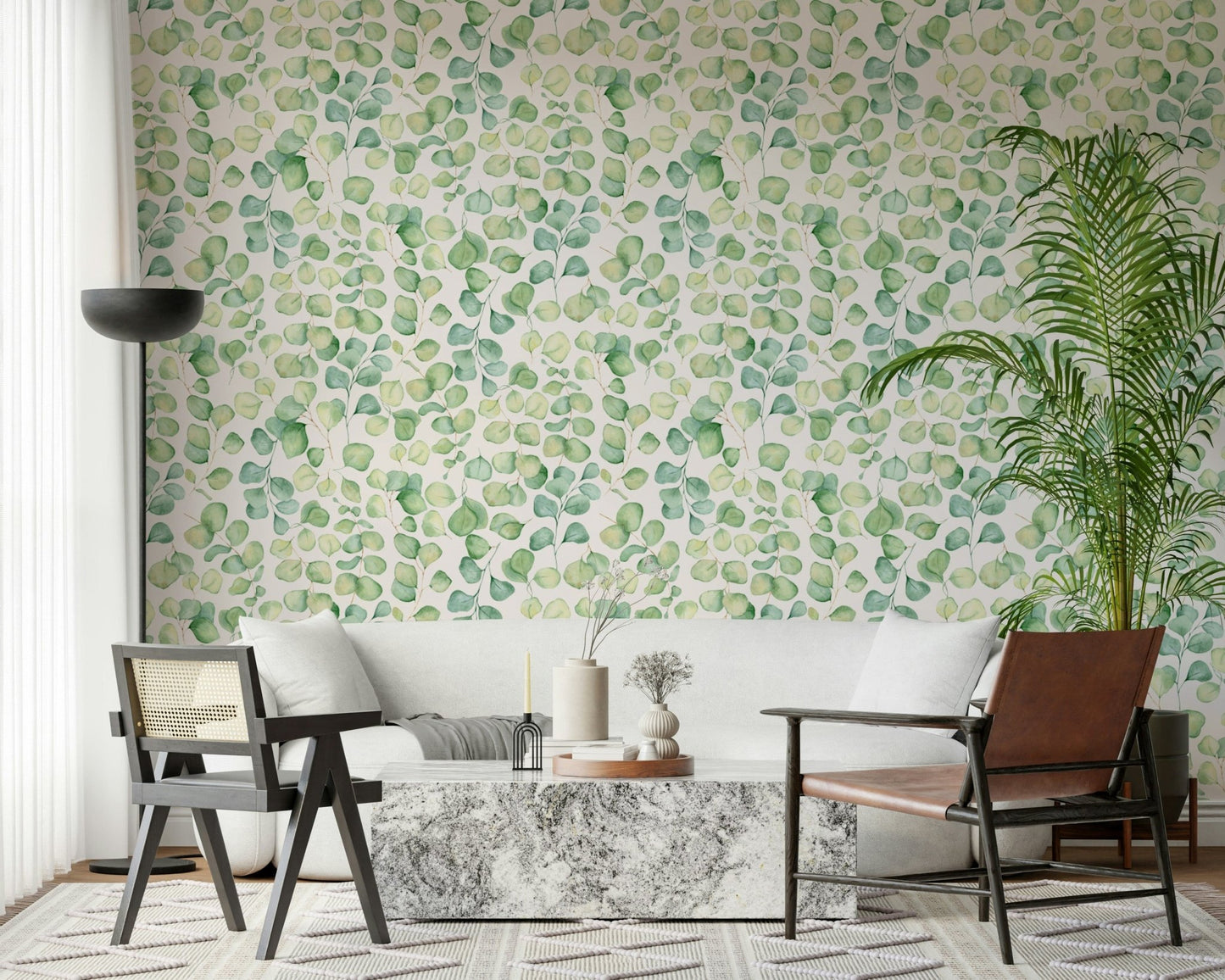 Eucalyptus Dream Garden Wallpaper in a bright dining space with oak decor wallpaper.