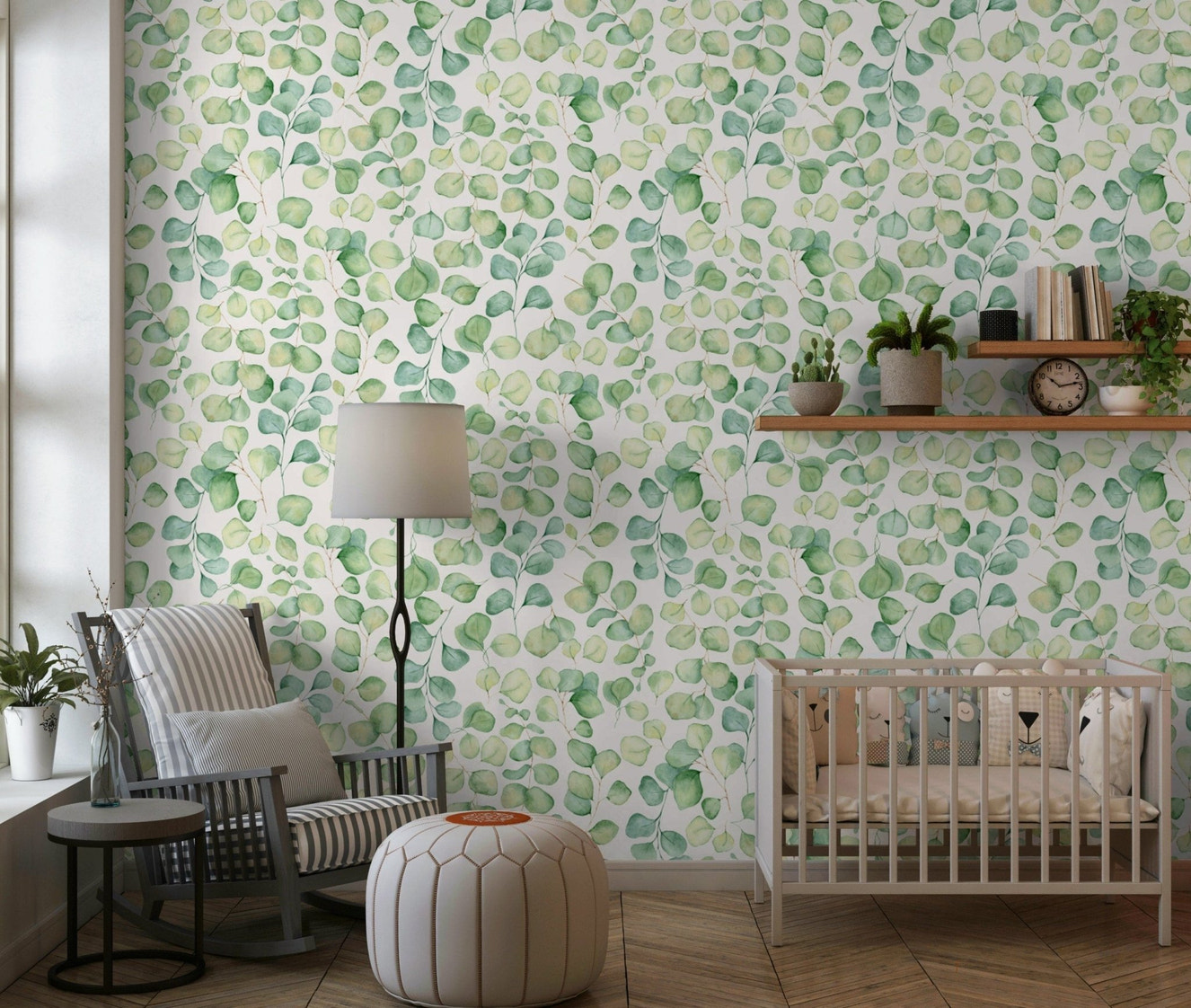 Soft green leaf wallpaper with botanical stems for a nursery wall mural.