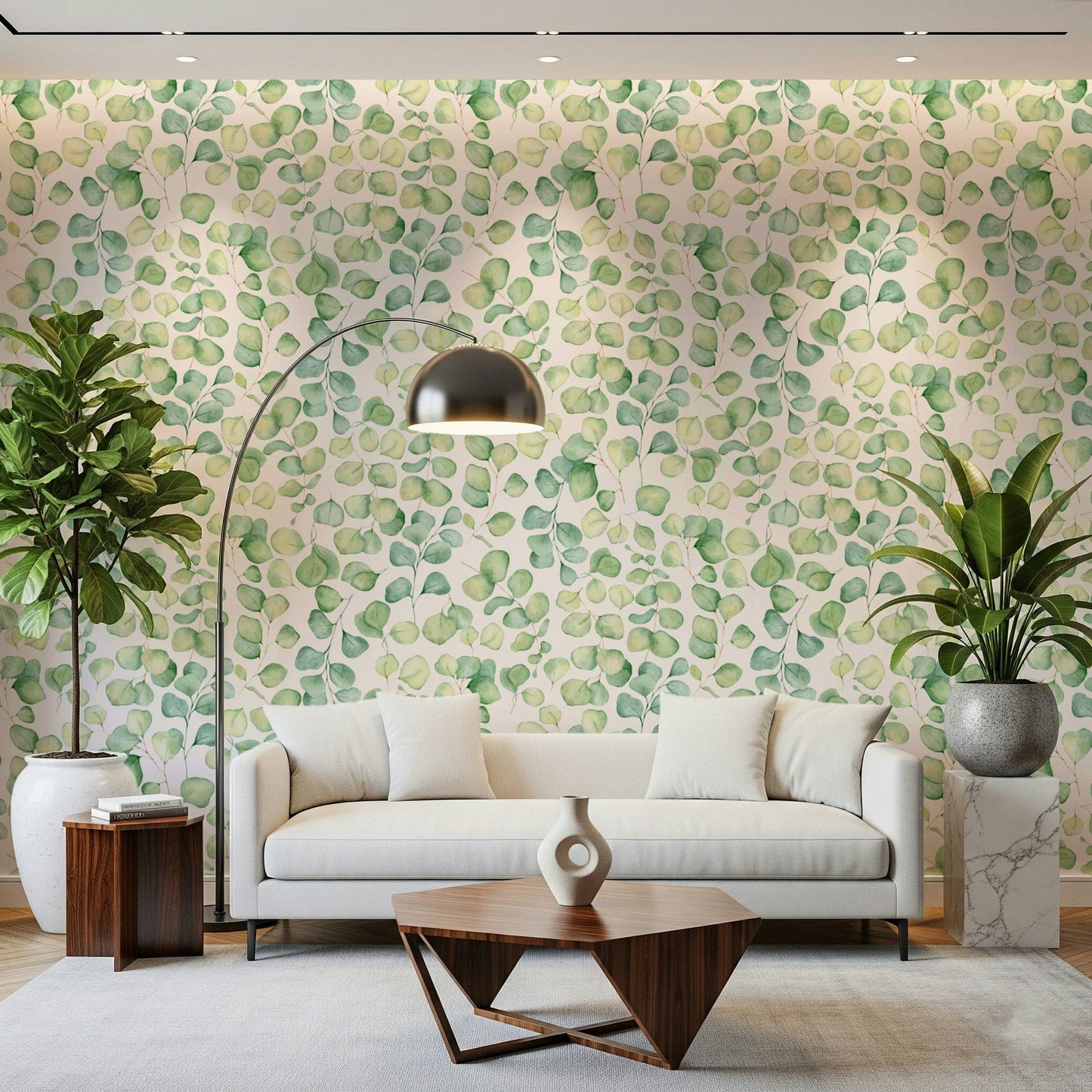 Elegant eucalyptus wall mural with muted tones for a living room wallpaper.