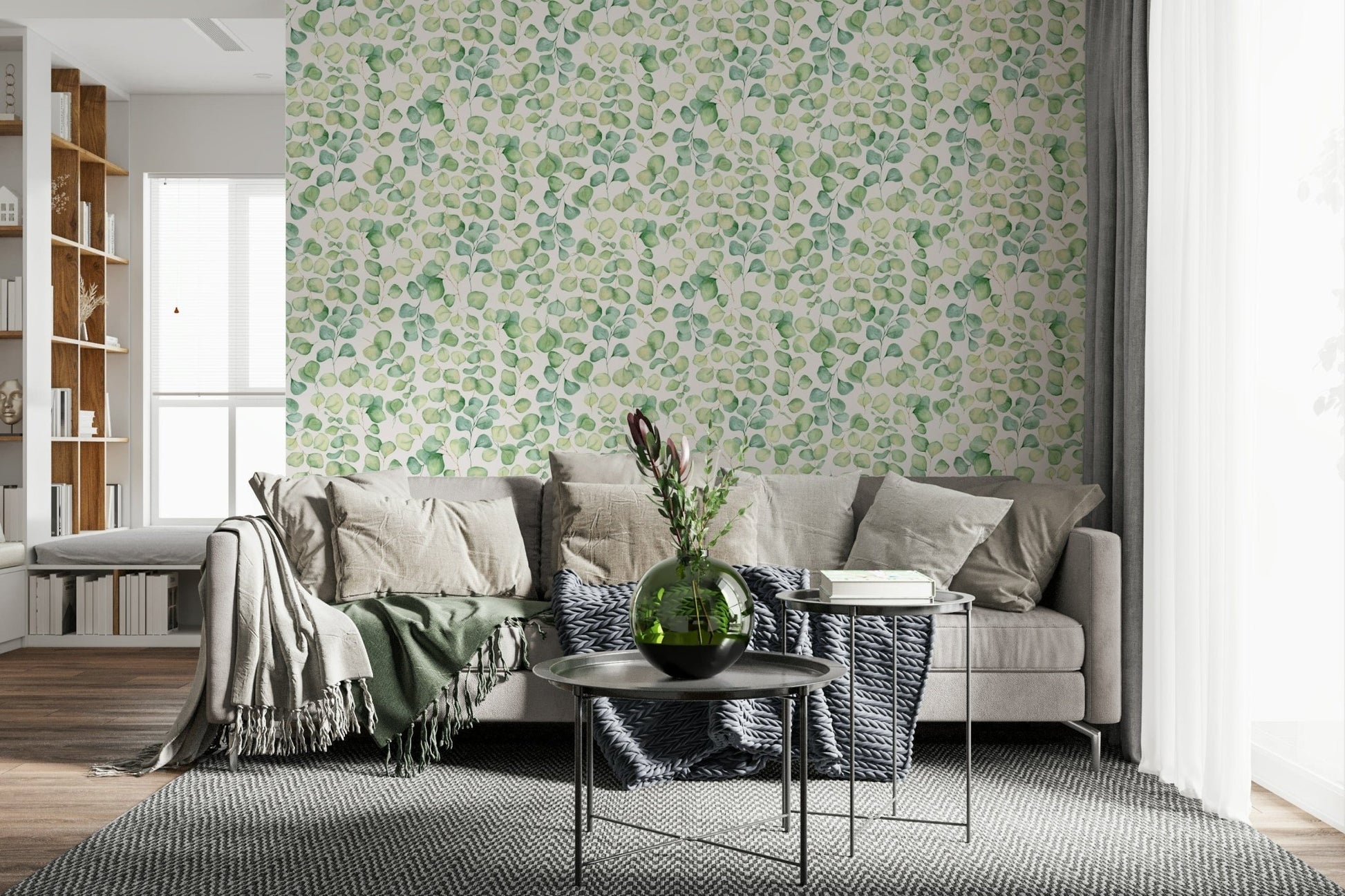 Nature inspired wallpaper with silver dollar leaves for a suite wall mural.