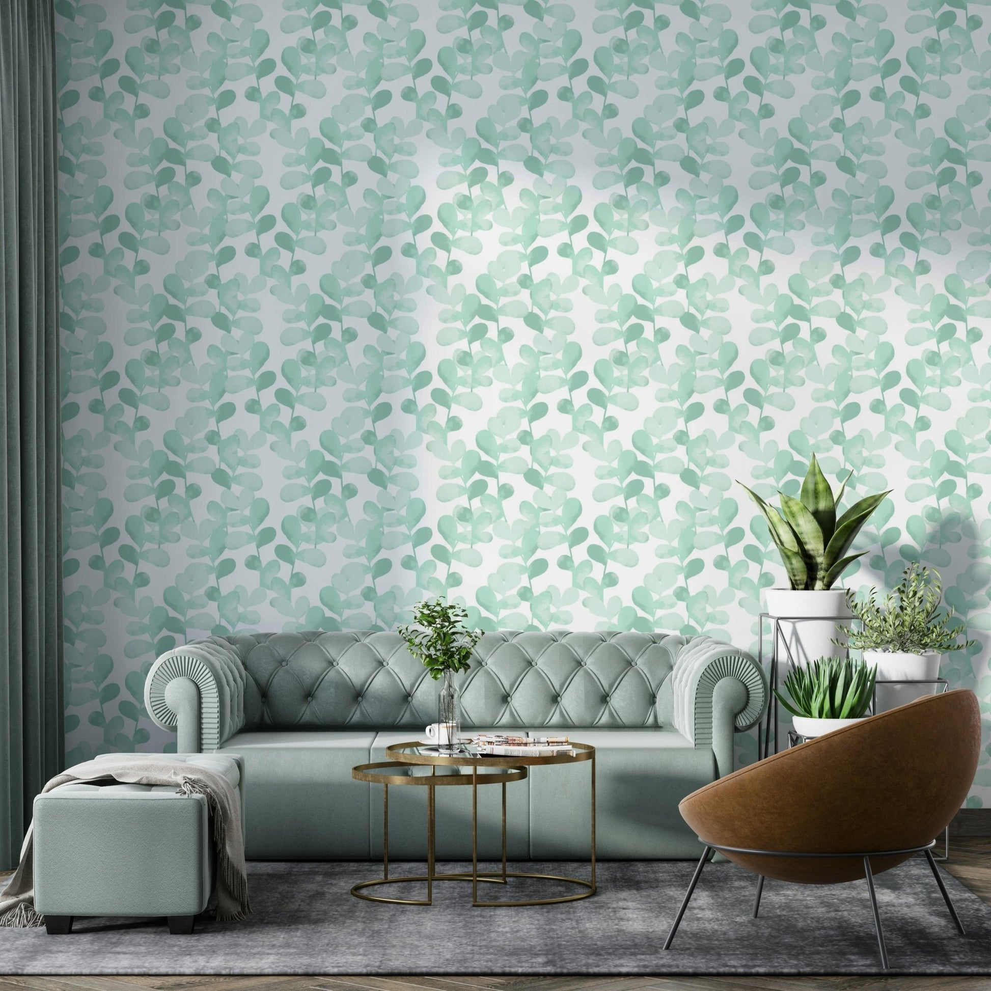 A serene green leaf wall mural for a modern bedroom.


