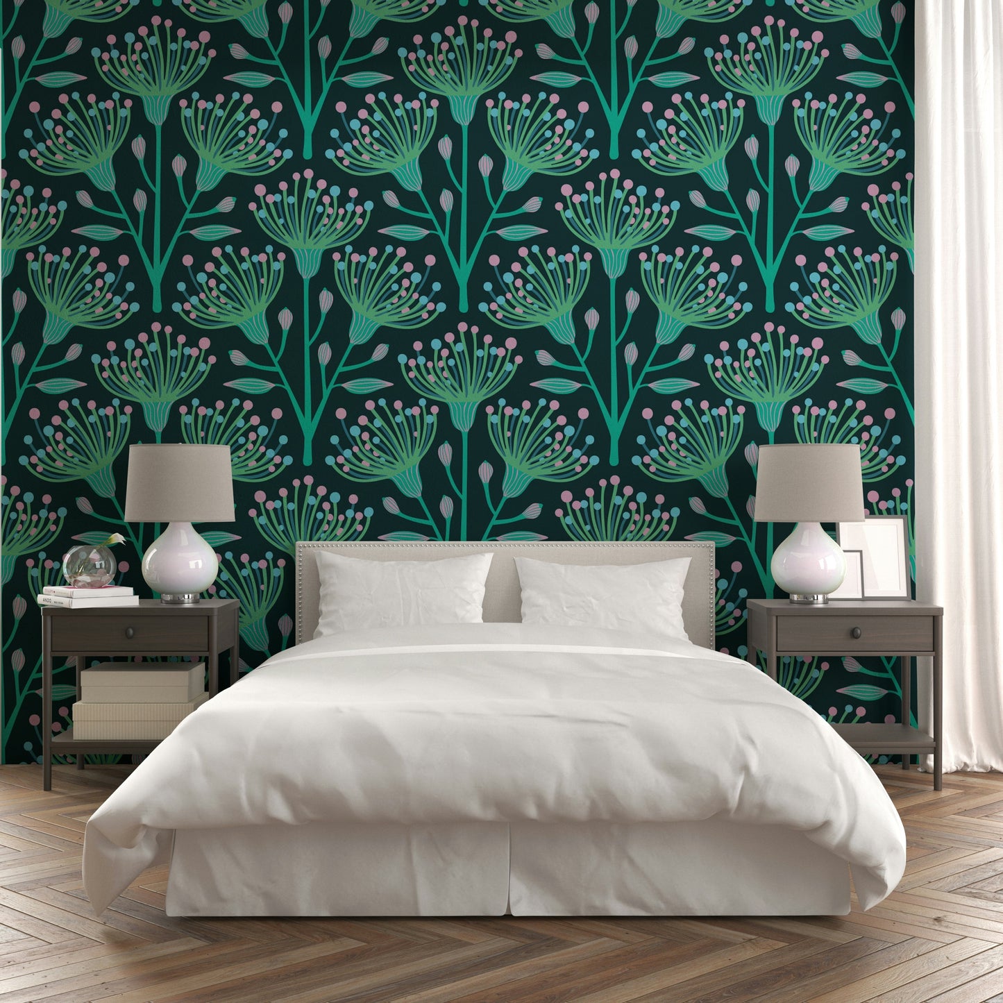 A wall mural of a peaceful botanical pattern.

