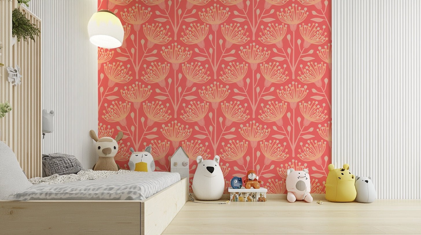 Eucalyptus Floral Botanical Bright Peach Fuzz Orange Coral Wallpaper⁠