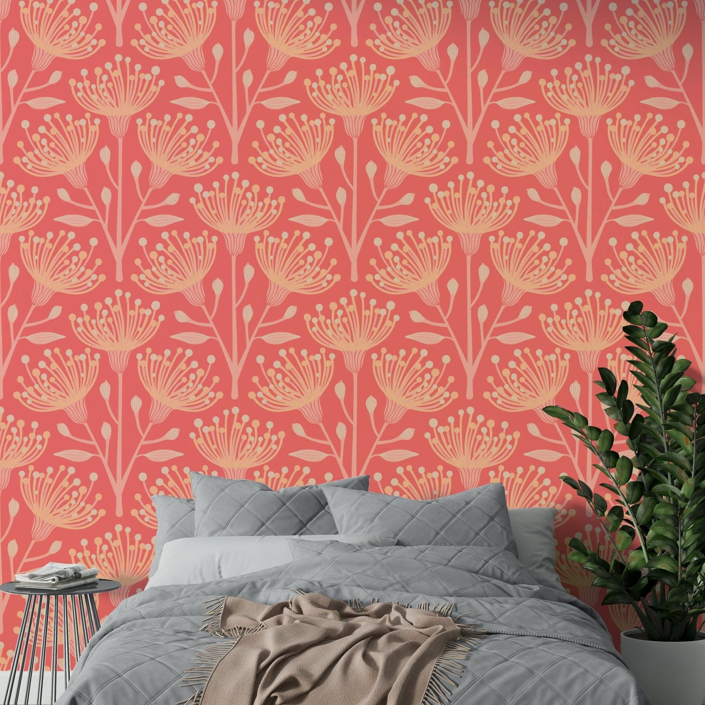 Eucalyptus Floral Botanical Bright Peach Fuzz Orange Coral Wallpaper⁠