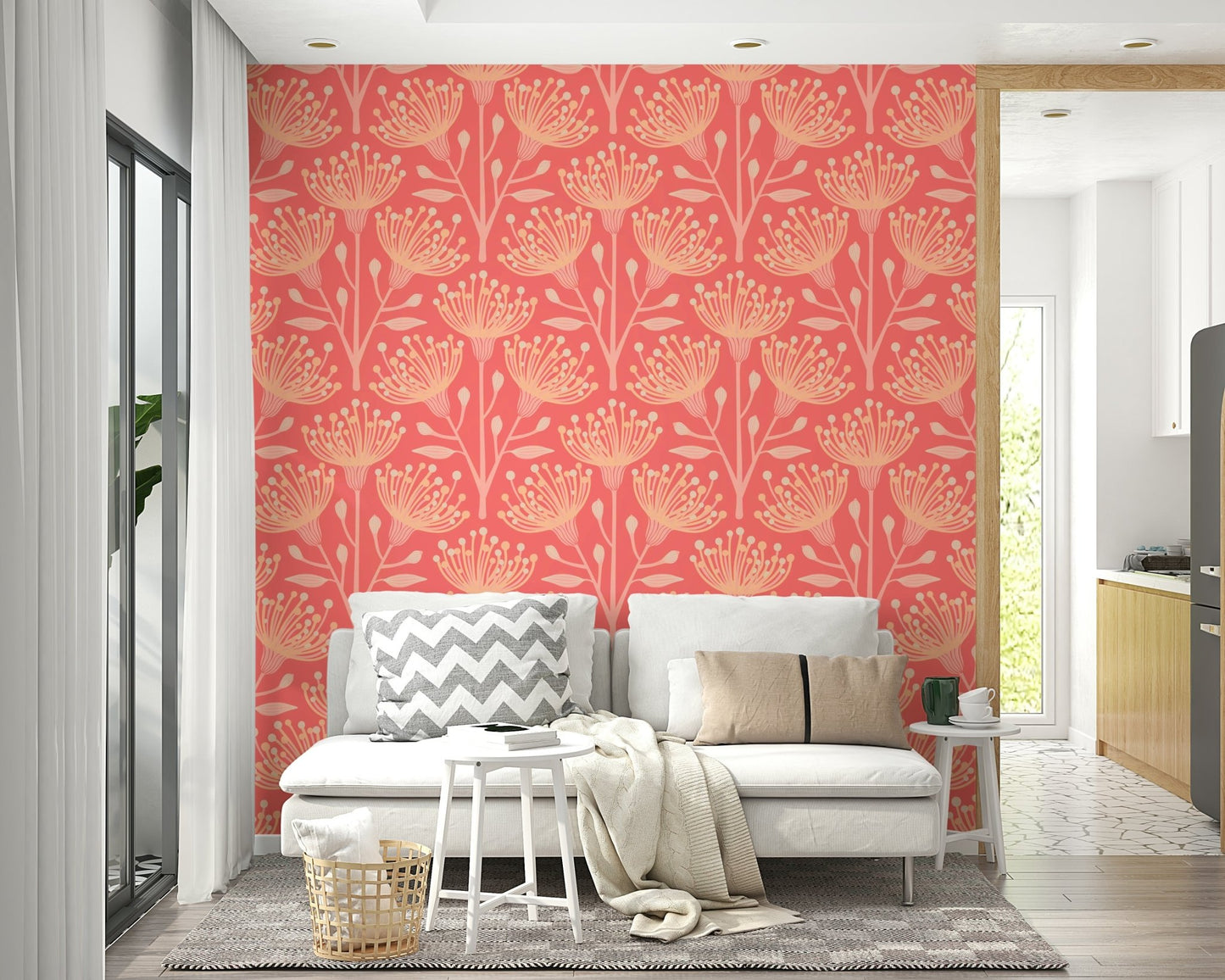Eucalyptus Floral Botanical Bright Peach Fuzz Orange Coral Wallpaper⁠