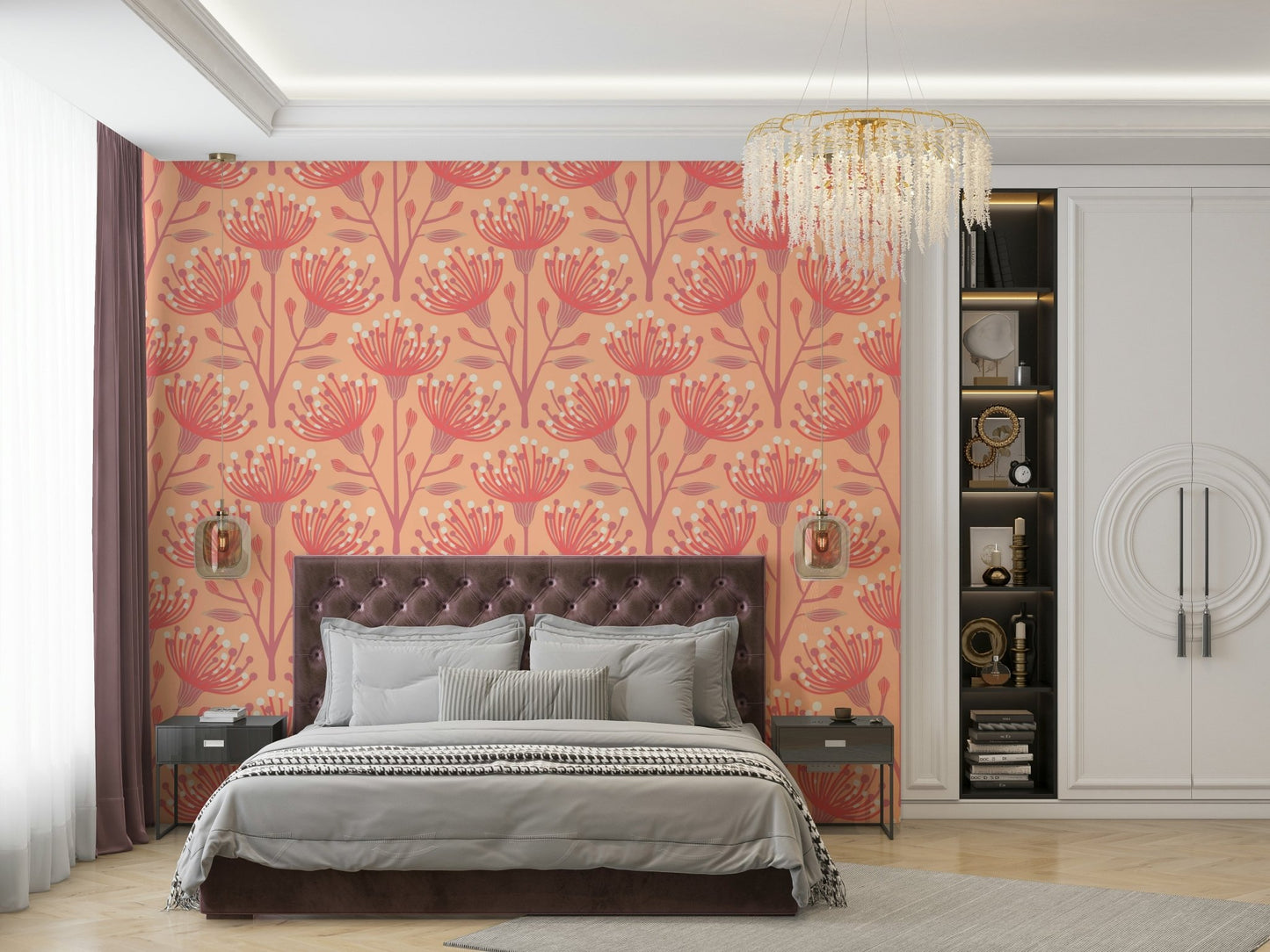 The room feels warm and cheerful due to the color palette.

