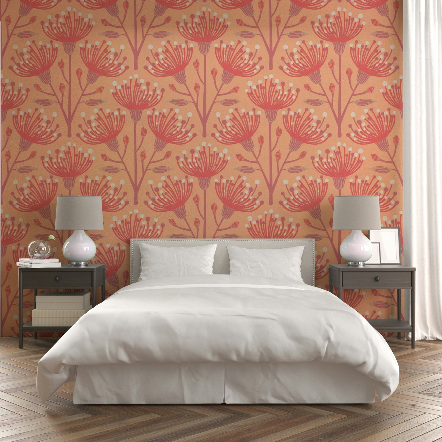 The design features eucalyptus leaves and various blossoms.

