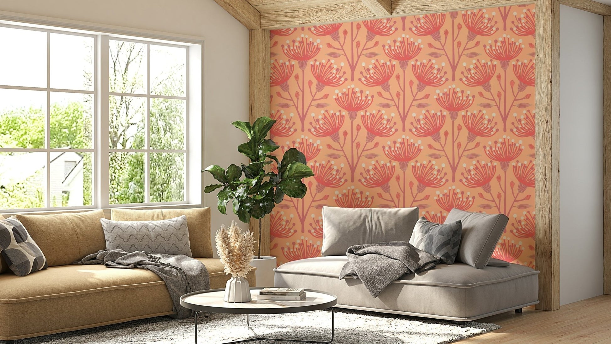 The flowers and leaves are in shades of coral, peach fuzz, and orange.

