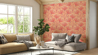 The flowers and leaves are in shades of coral, peach fuzz, and orange.

