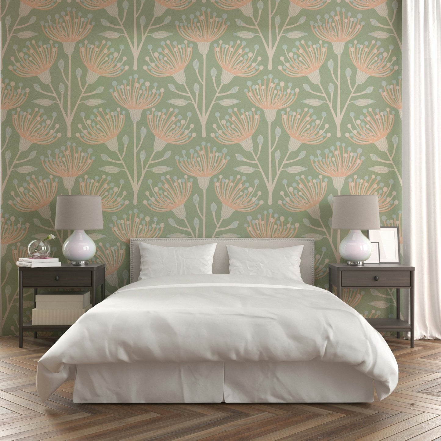 The background of the design is a calm sage green.

