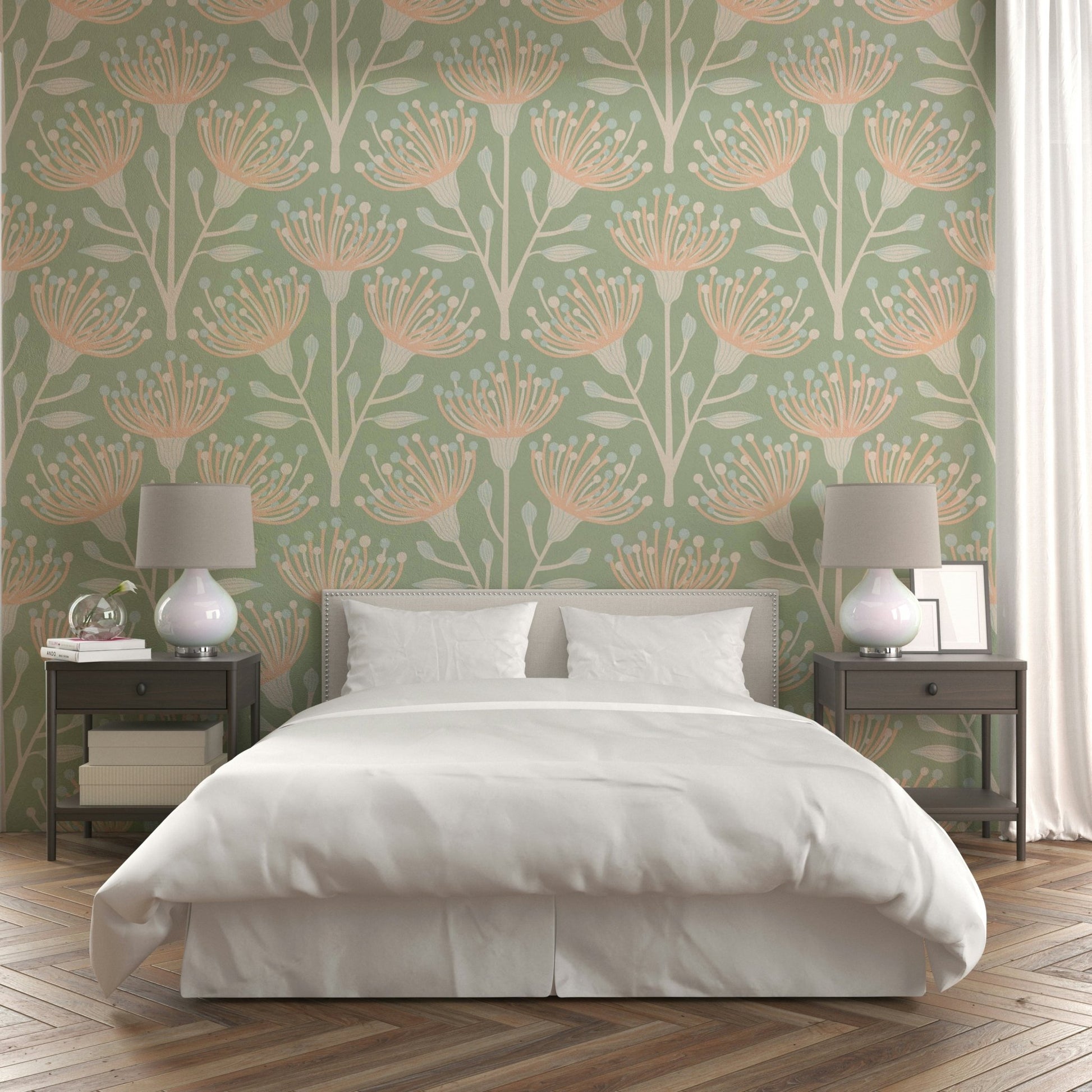 The background of the design is a calm sage green.

