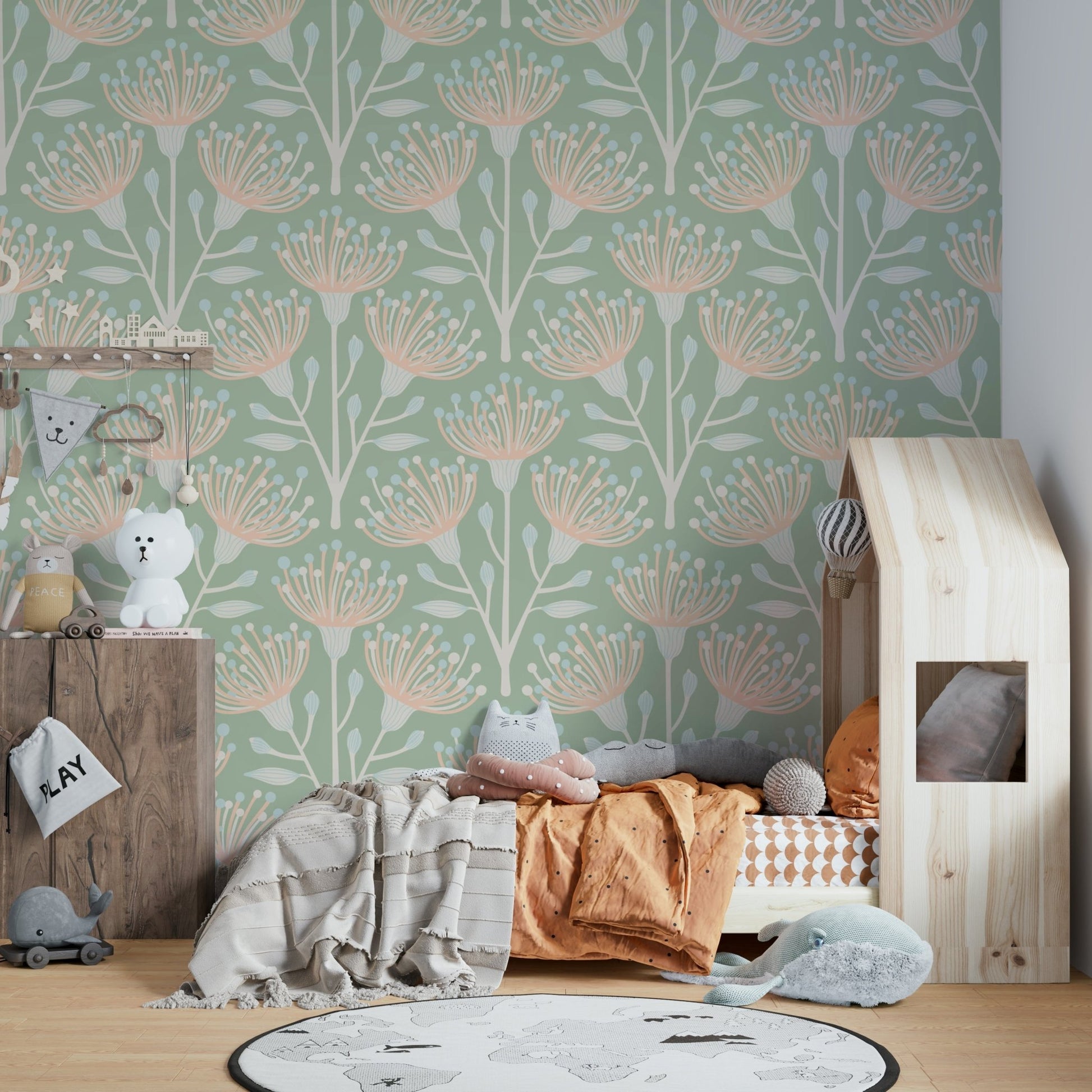 The design features eucalyptus leaves and small blossoms.

