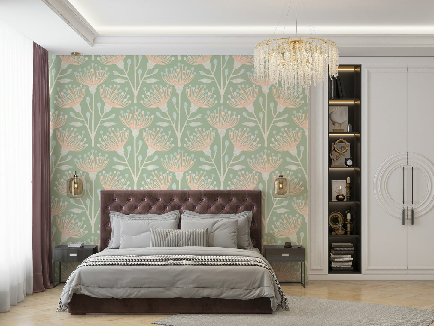 The room feels peaceful and soft due to the gentle colors.

