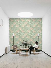 A repeating floral and botanical pattern on a wall mural.

