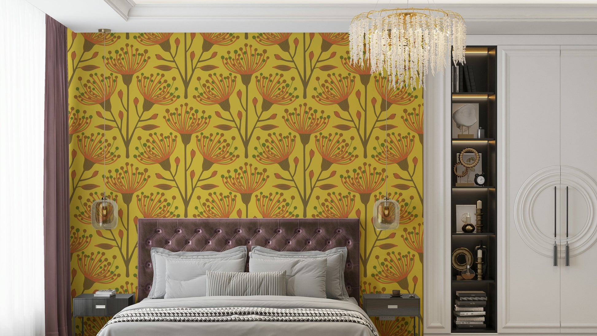 The colors are soft, muted tones of earthy brown, olive green, and mustard yellow.

