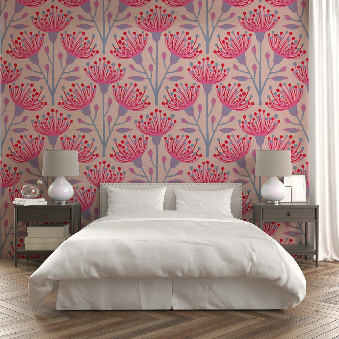 The wall mural is installed on a feature wall in a bedroom.

