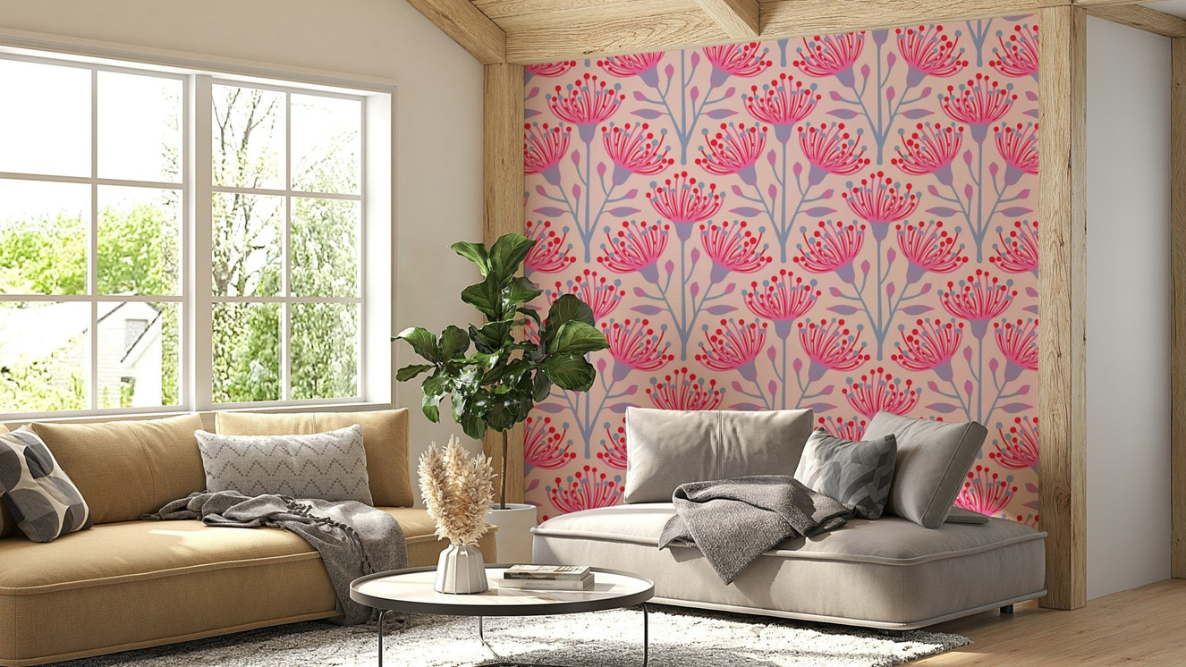 A repeating floral and botanical pattern on a wall mural.


