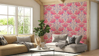 A repeating floral and botanical pattern on a wall mural.

