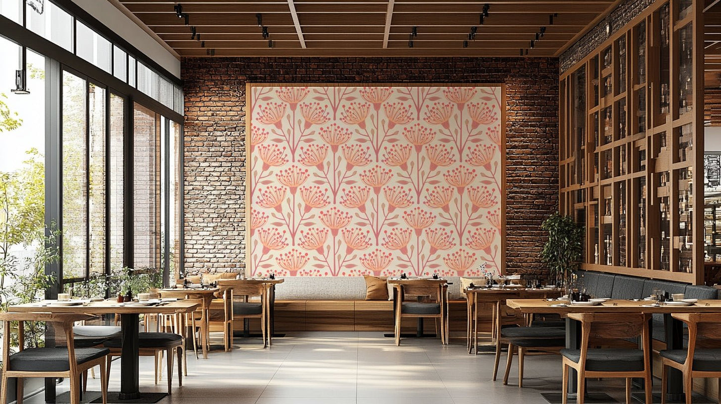 A repeating floral and botanical pattern on a wall mural.

