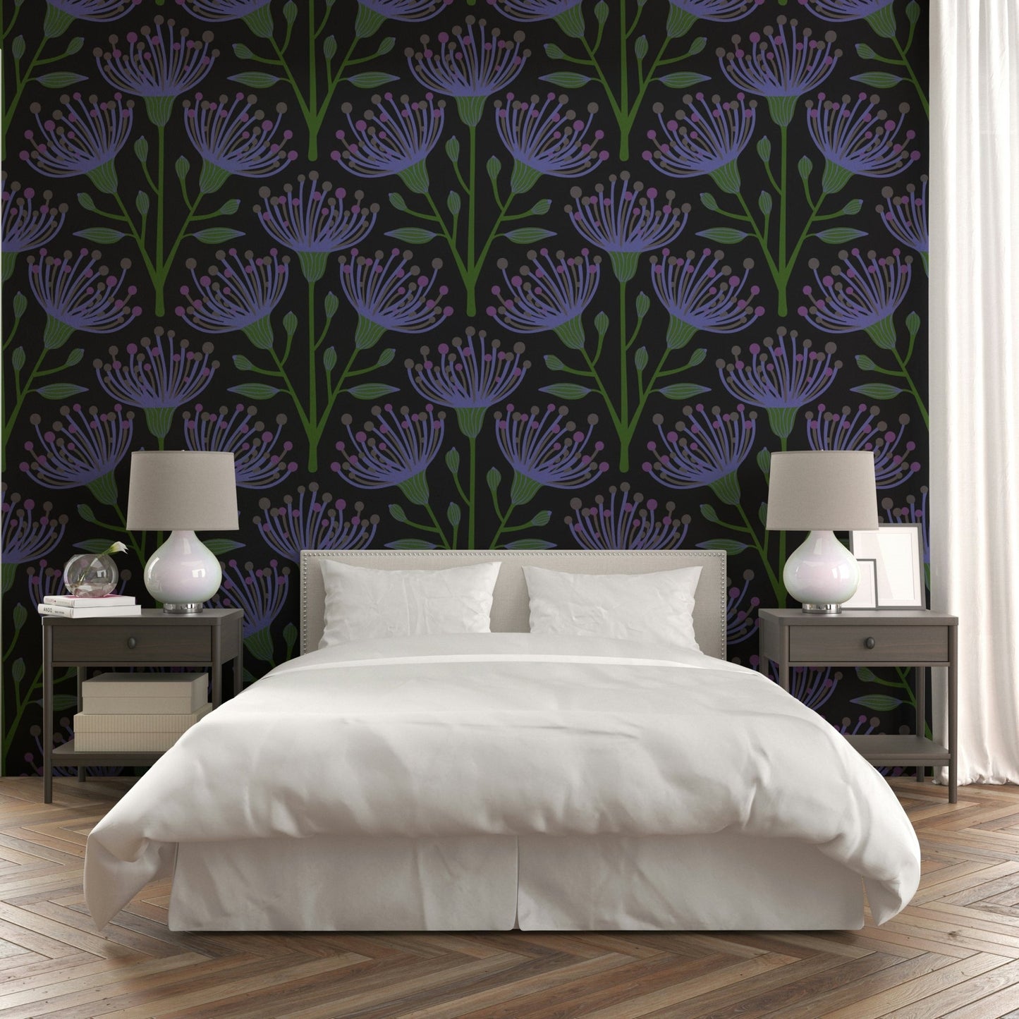 A repeating floral and botanical pattern on a wall mural.

