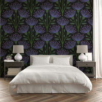 A repeating floral and botanical pattern on a wall mural.

