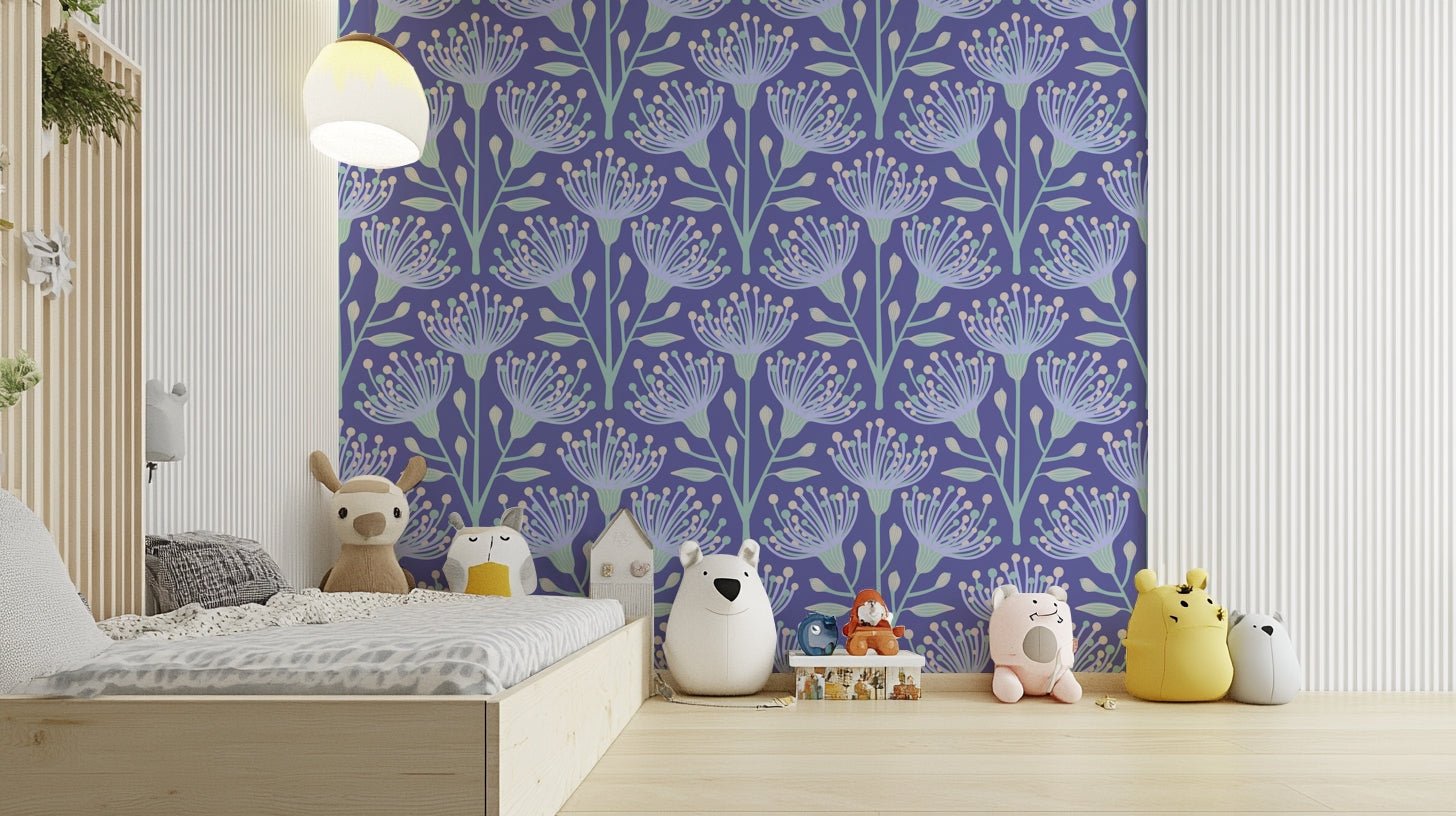 A repeating floral and botanical pattern on a wall mural.


