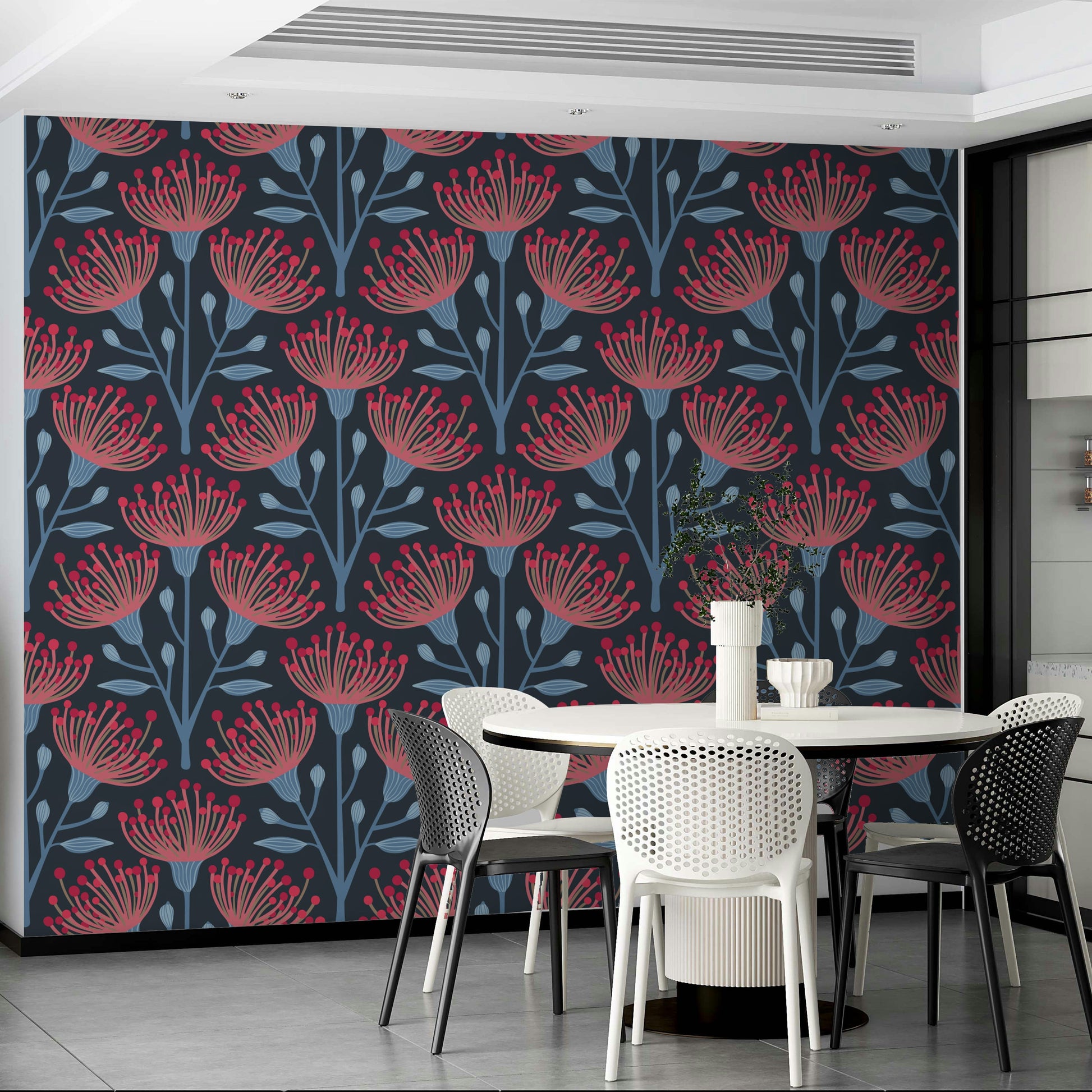 A wall mural of a peaceful botanical pattern.

