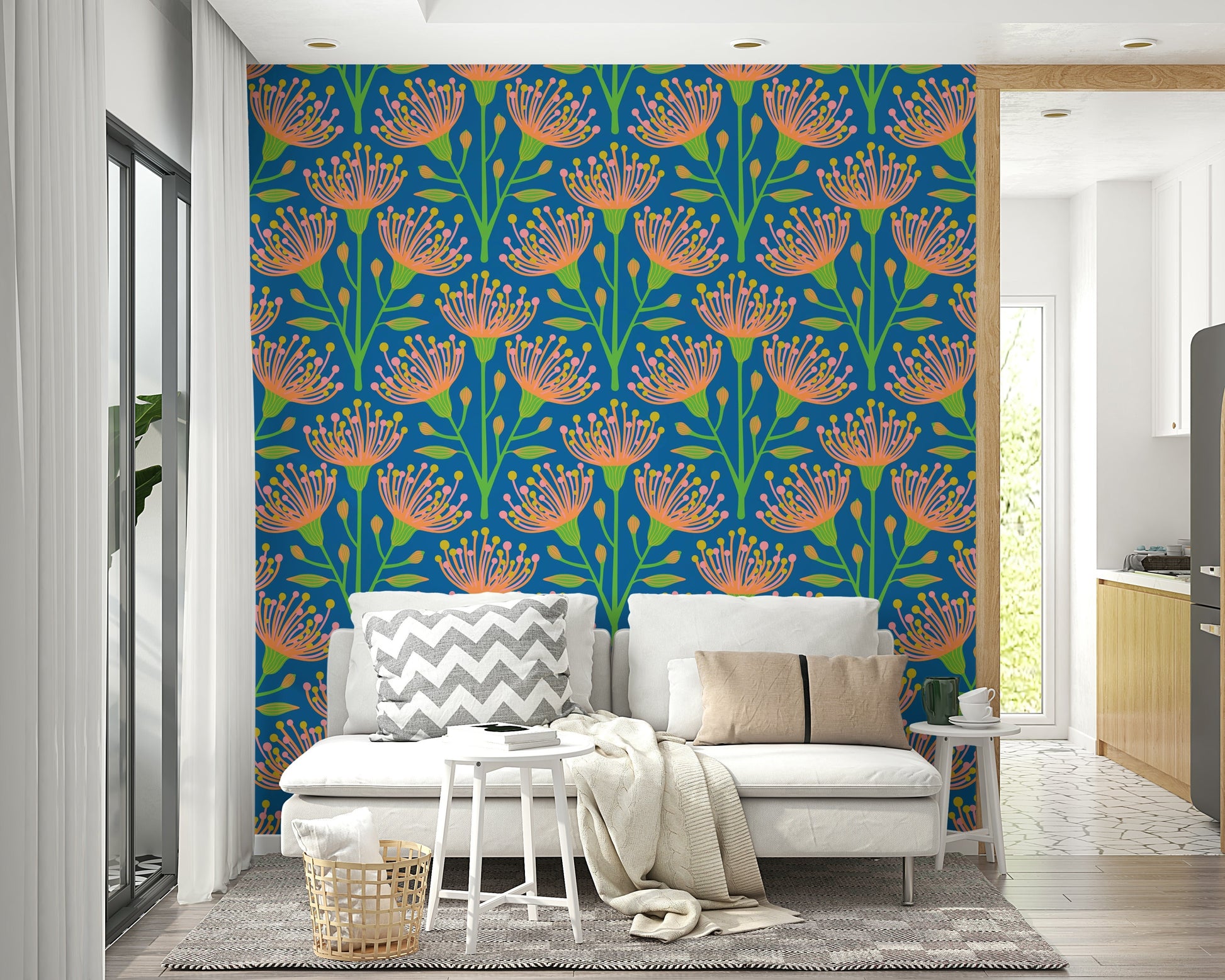 A wall mural of a peaceful botanical pattern.

