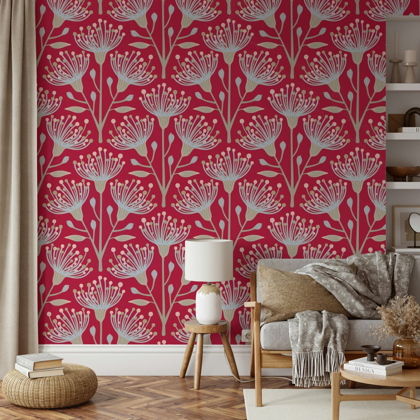 The design features eucalyptus leaves and bold floral shapes.


