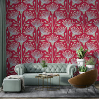 A repeating floral and botanical pattern on a wall mural.

