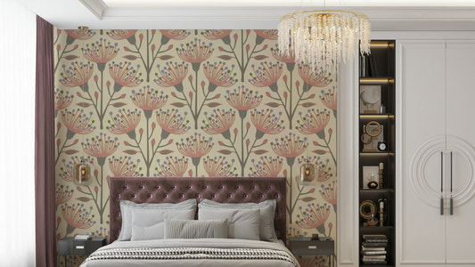 A repeating floral and botanical pattern on a wall mural.

